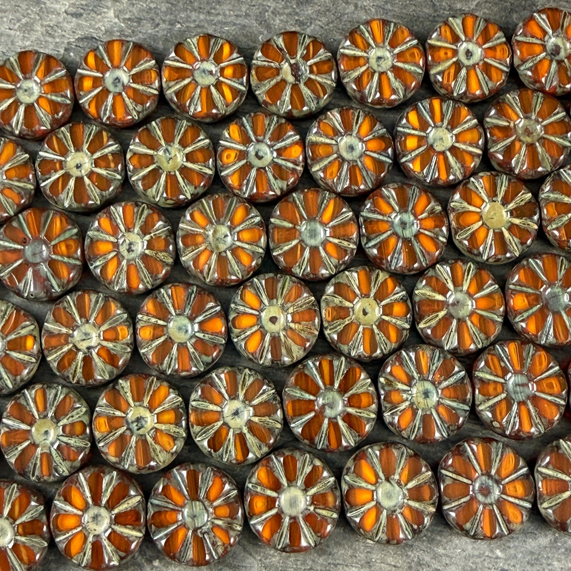 Czech Glass Beads, 12.5mm Table-Cut Coin, Rust and Orange with Travertine Picasso (TCF-72) * Qty. 8