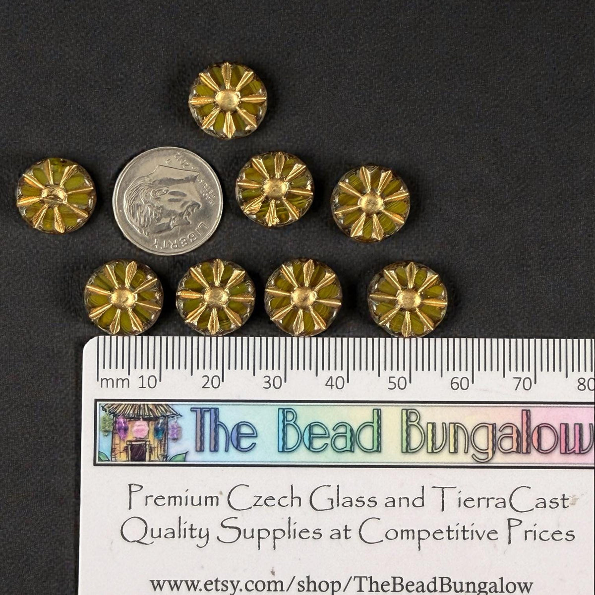 Czech Glass Beads, 12.5mm Table-Cut Coin, Yellow Opaline with Gold Wash and Travertine Picasso (TCF-73) * Qty. 8