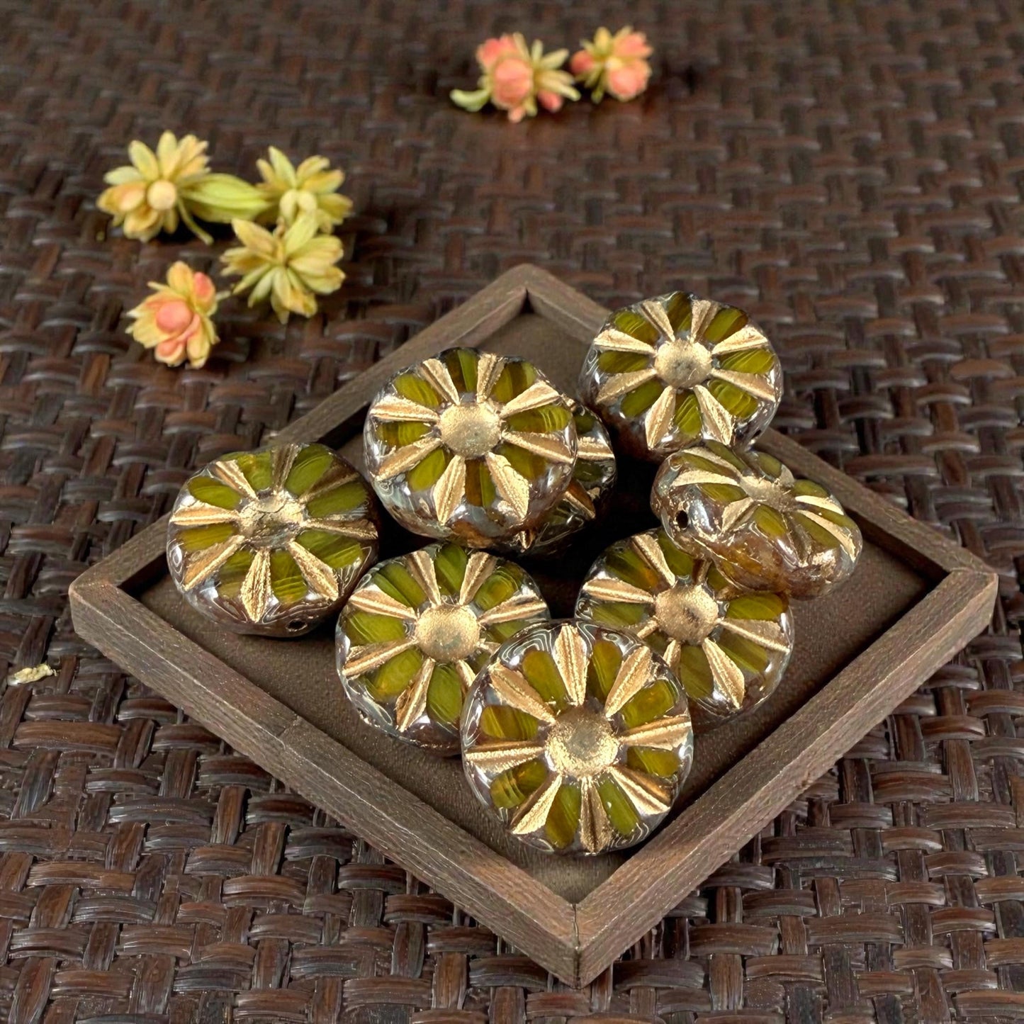 Czech Glass Beads, 12.5mm Table-Cut Coin, Yellow Opaline with Gold Wash and Travertine Picasso (TCF-73) * Qty. 8