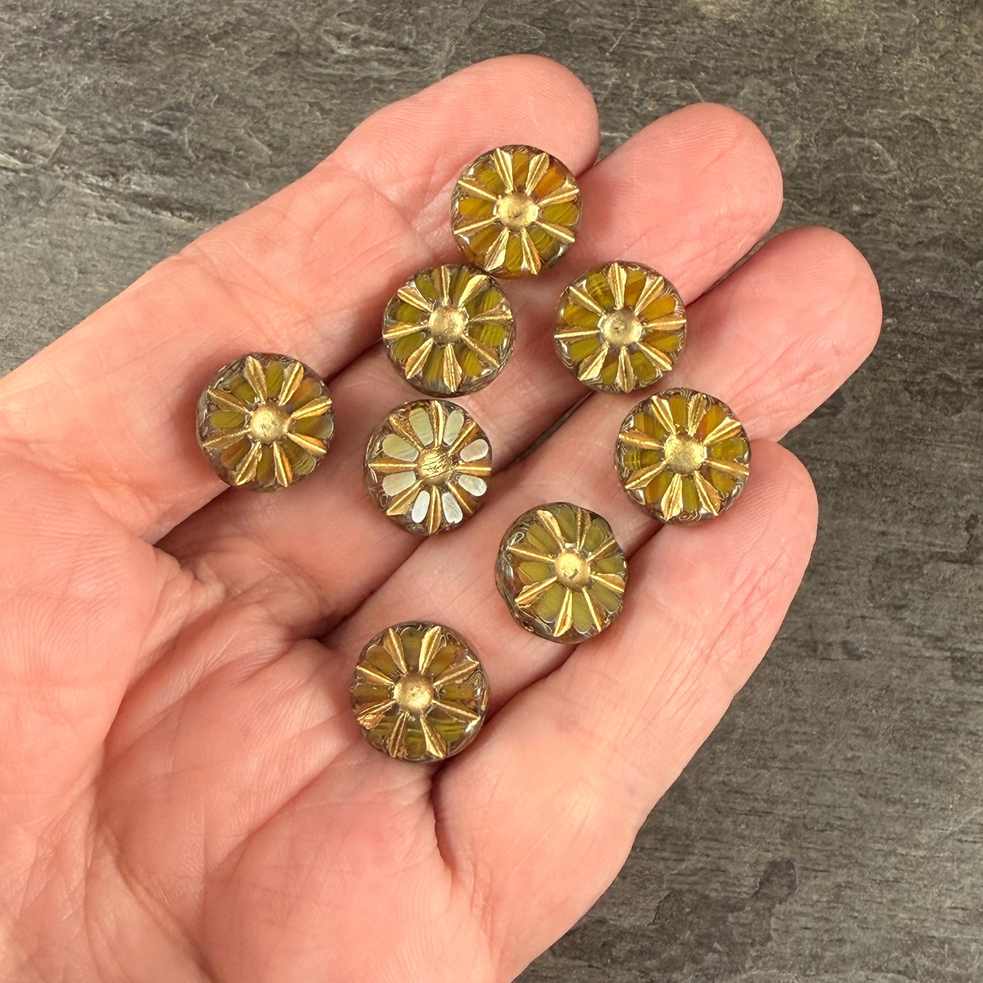 Czech Glass Beads, 12.5mm Table-Cut Coin, Yellow Opaline with Gold Wash and Travertine Picasso (TCF-73) * Qty. 8