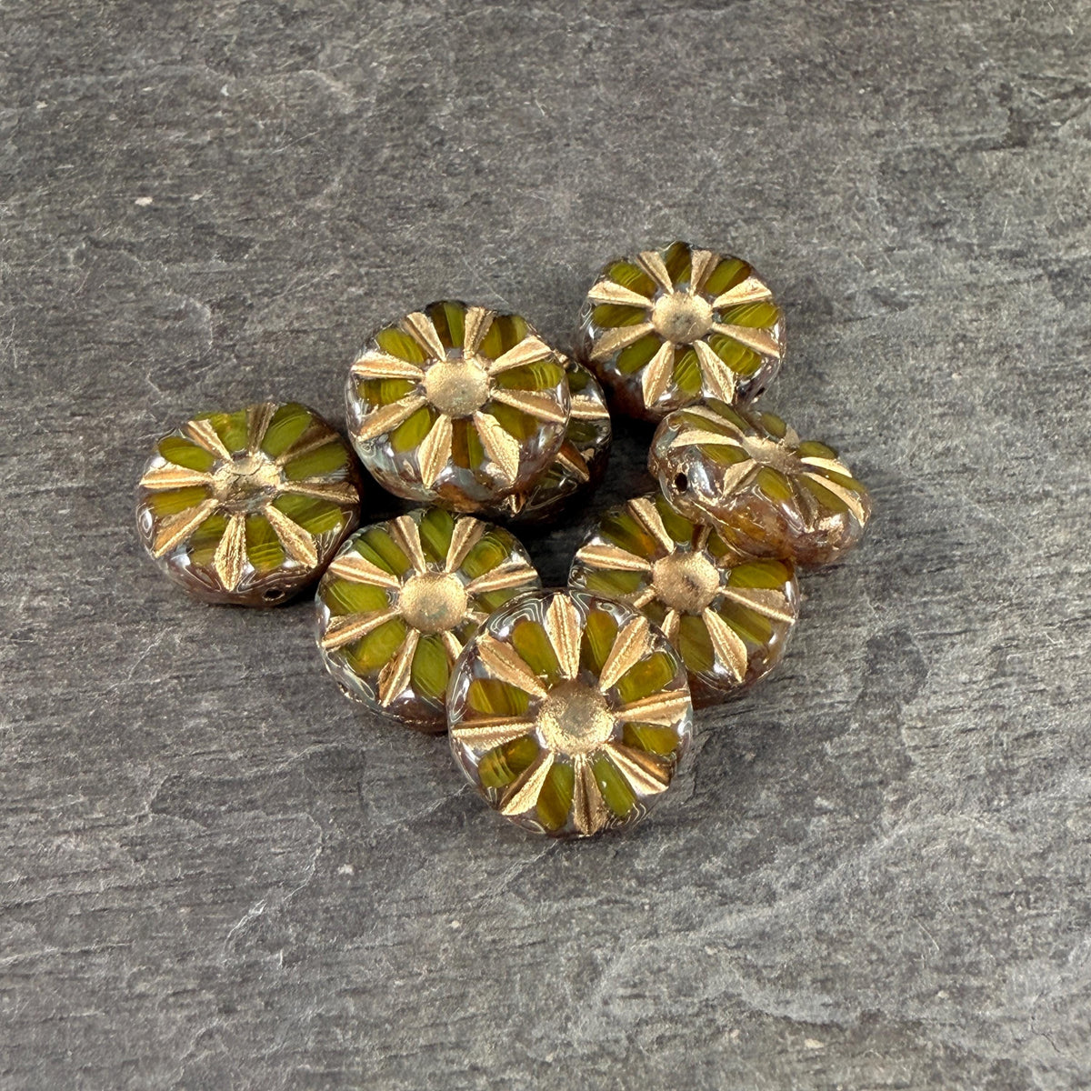 Czech Glass Beads, 12.5mm Table-Cut Coin, Yellow Opaline with Gold Wash and Travertine Picasso (TCF-73) * Qty. 8