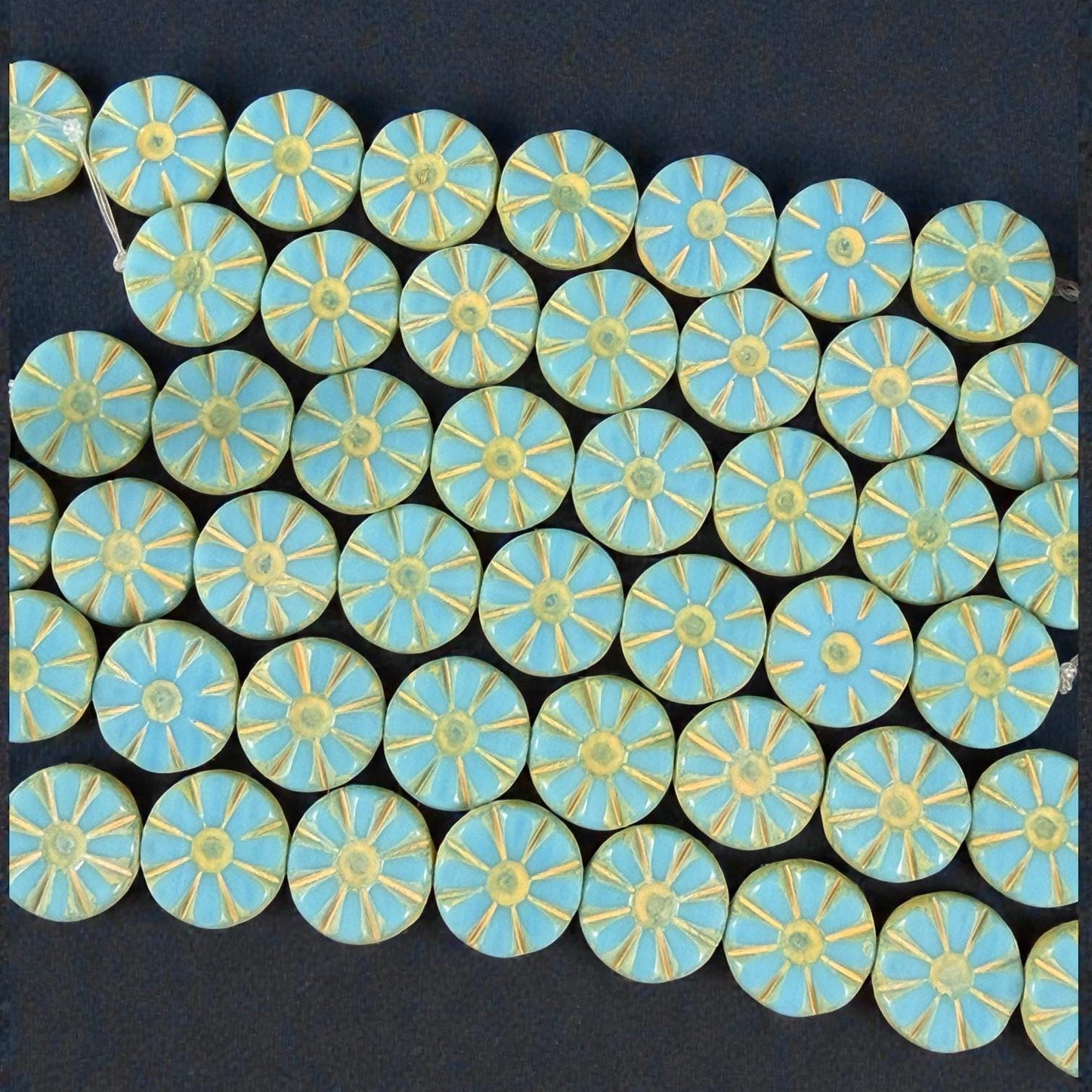 Czech Glass Beads, 12.5mm Table-Cut Coin, Opaque Arctic Blue with Yellow Wash (TCF-74) * Qty. 8