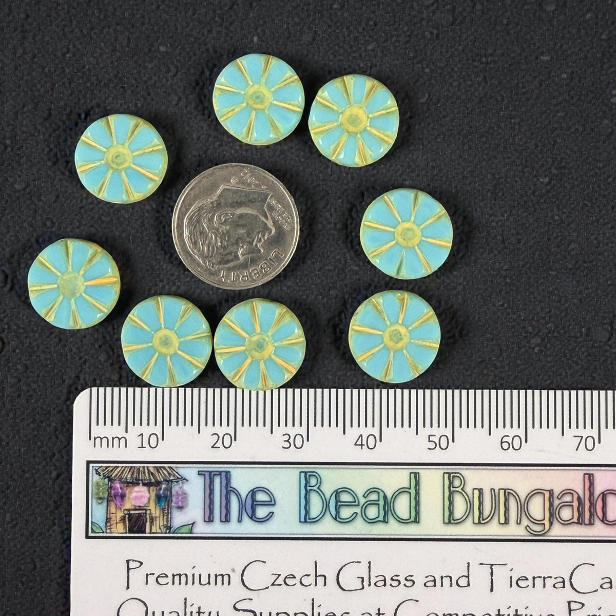 Czech Glass Beads, 12.5mm Table-Cut Coin, Opaque Arctic Blue with Yellow Wash (TCF-74) * Qty. 8