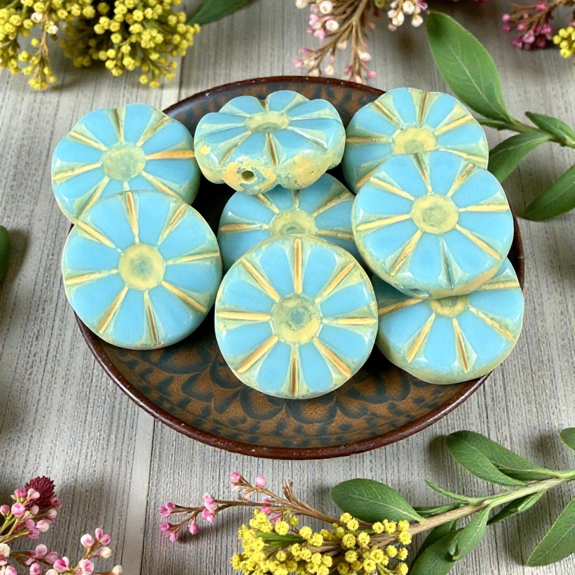 Czech Glass Beads, 12.5mm Table-Cut Coin, Opaque Arctic Blue with Yellow Wash (TCF-74) * Qty. 8
