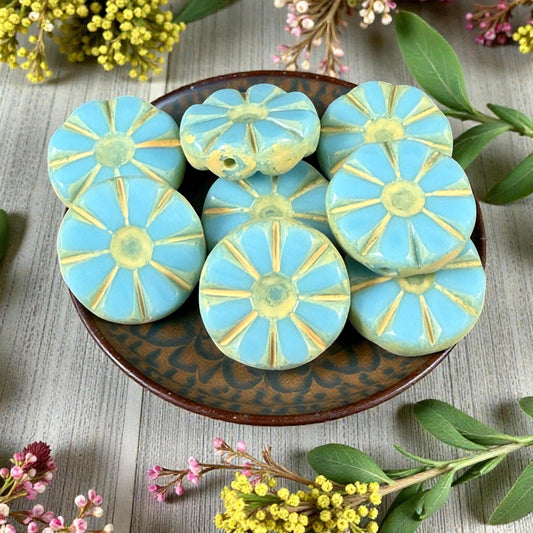 Czech Glass Beads, 12.5mm Table-Cut Coin, Opaque Arctic Blue with Yellow Wash (TCF-74) * Qty. 8