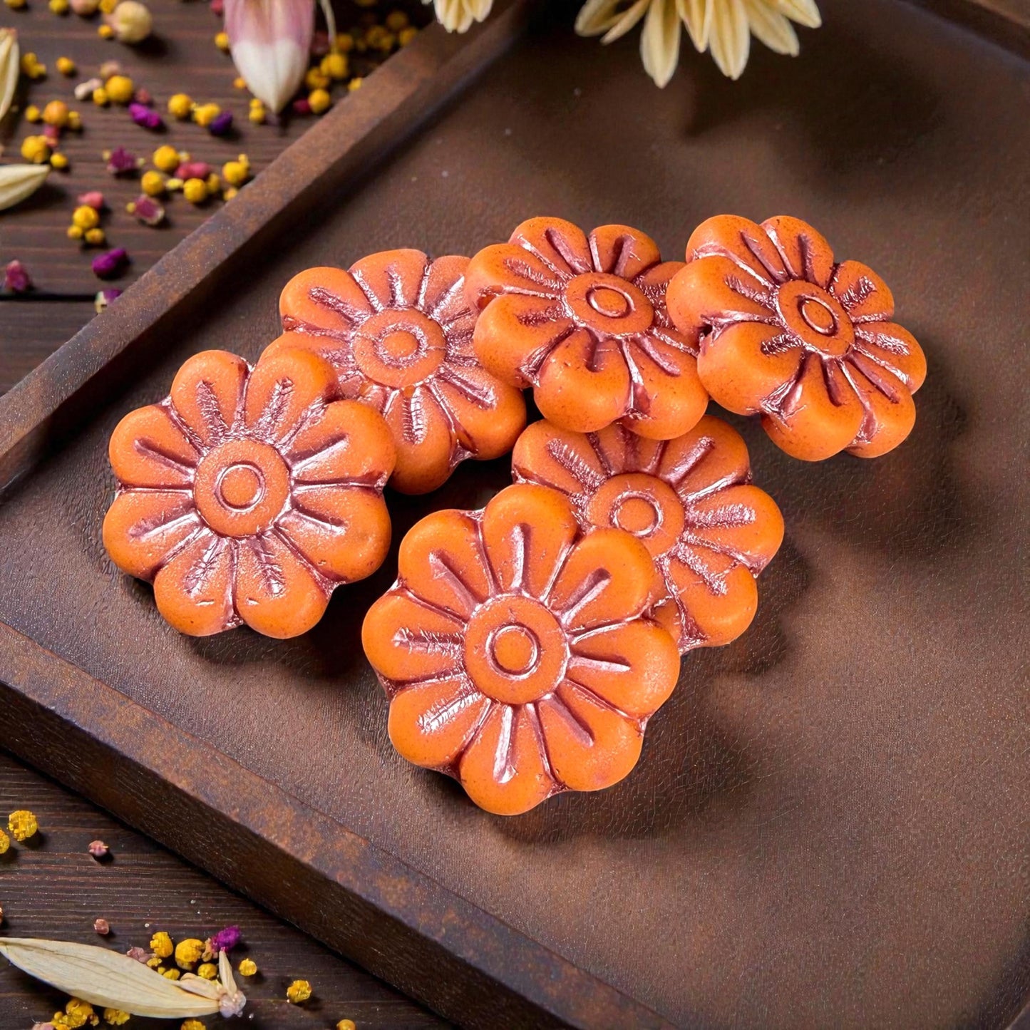 Czech Glass Beads - 17mm Daisy Flower, Matte Orange with Metallic Pink Wash (PLD-23) * 6 Beads
