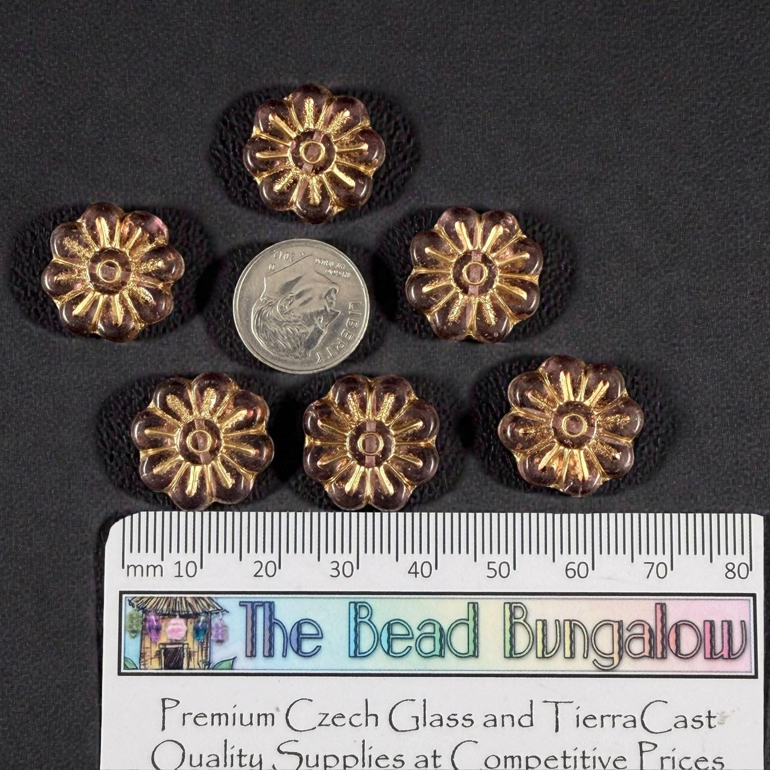 Czech Glass Beads - 17mm Daisy Flower, Pale Lavender with Gold Wash (PLD-13) * 6 Beads