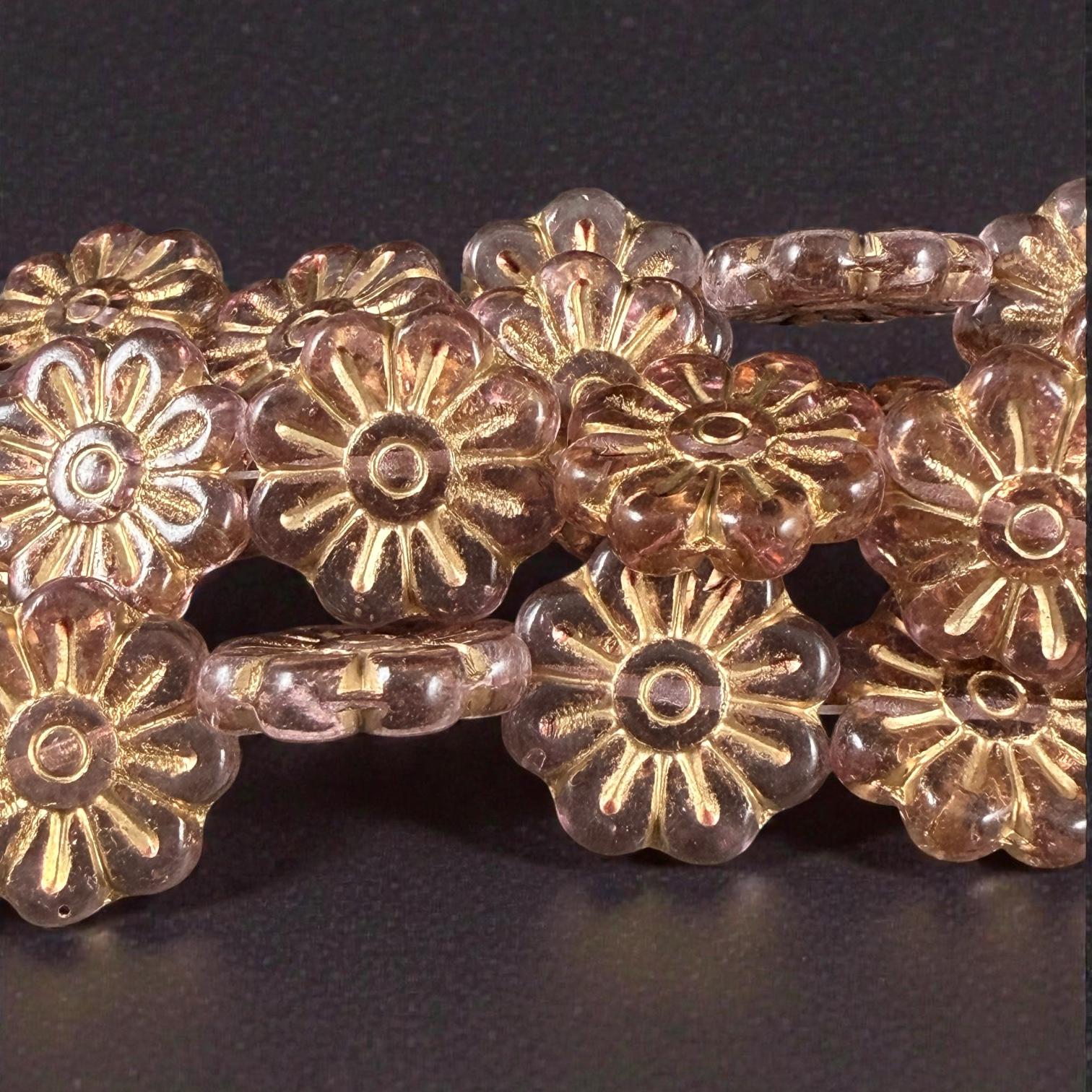 Czech Glass Beads - 17mm Daisy Flower, Pale Lavender with Gold Wash (PLD-13) * 6 Beads
