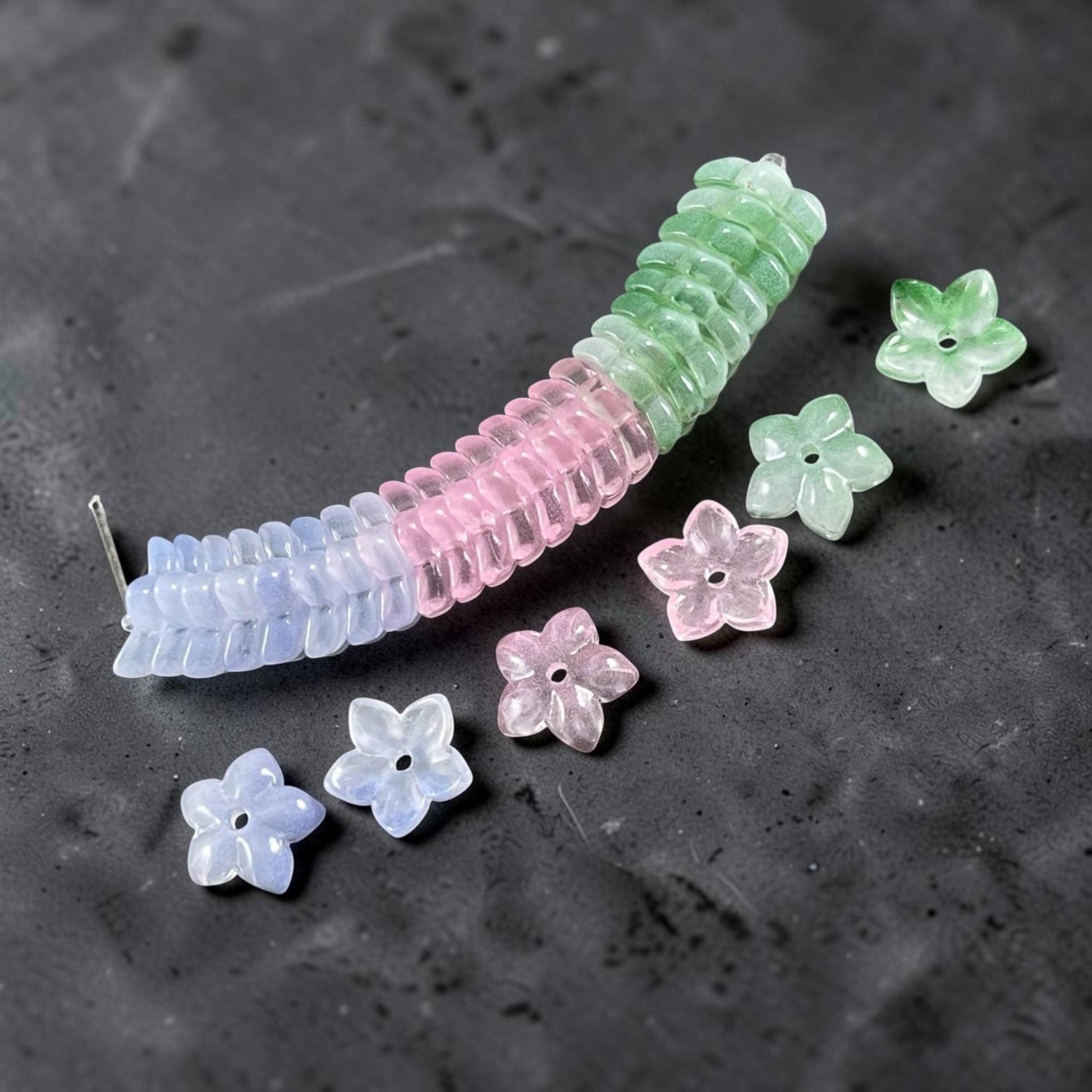 5-Petal Flower Bead Caps - 12mm, Blue, Pink and Green (FBC-4) * Qty. 24