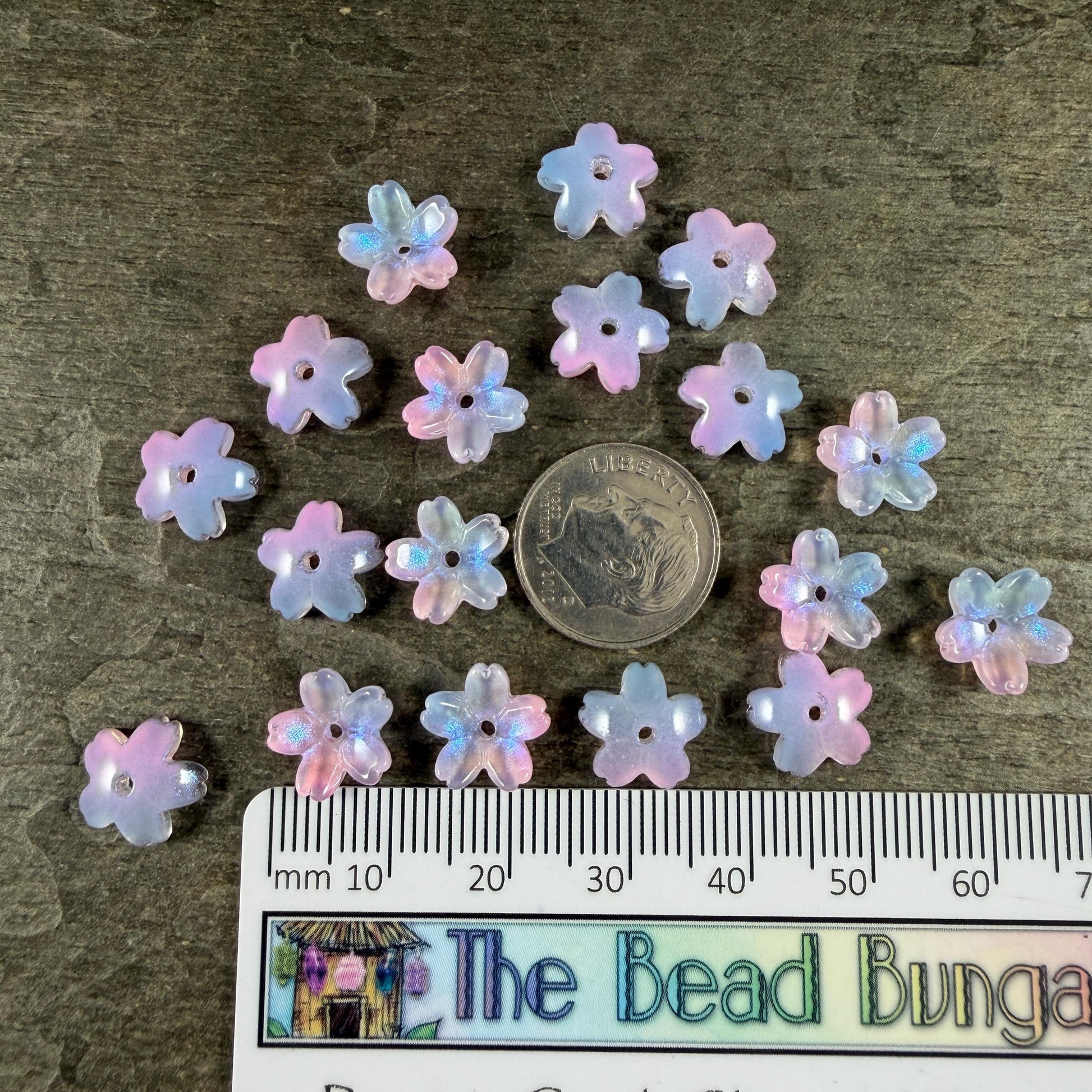 Pink and Periwinkle Flower Petal Bead Caps, 10.5mm Curved Flower (44A55-03) * Qty. 20