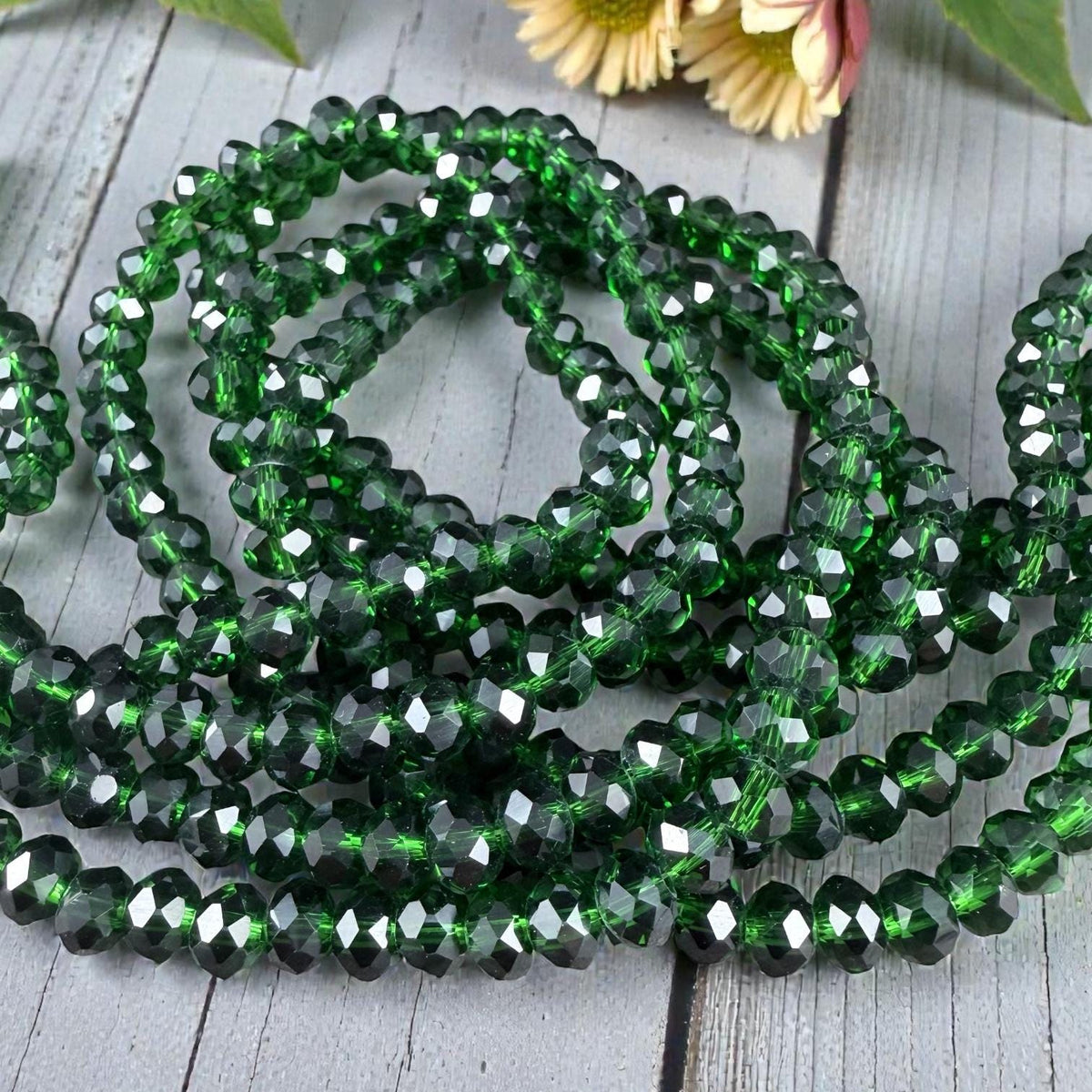 6x5mm Faceted Glass Beads, Transparent Emerald Green (Emerald-6) * 80 Beads