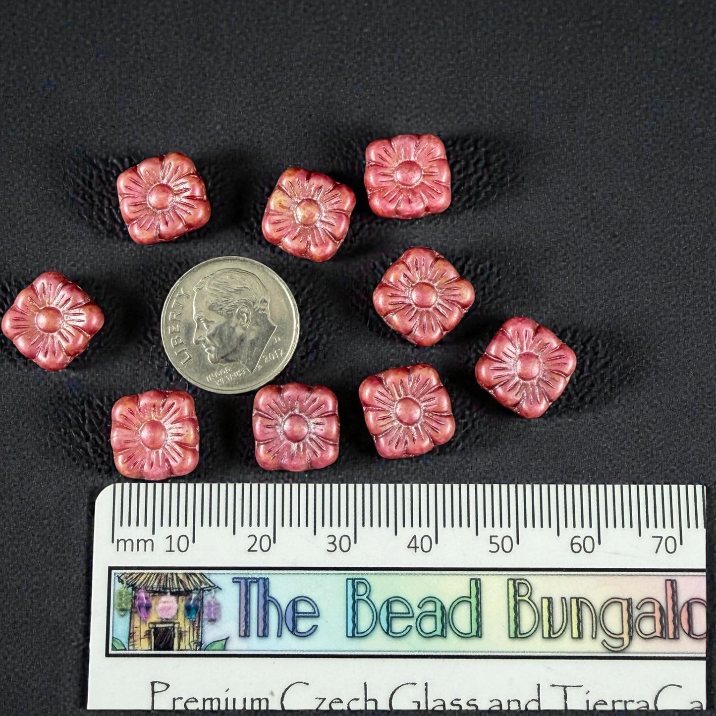 Czech Glass Beads - 10mm Zinnea Square, Red Flower Bead with Copper Wash (Zsq12) * Qty. 13