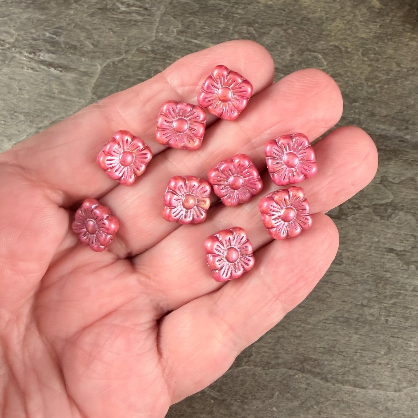 Czech Glass Beads - 10mm Zinnea Square, Red Flower Bead with Copper Wash (Zsq12) * Qty. 13