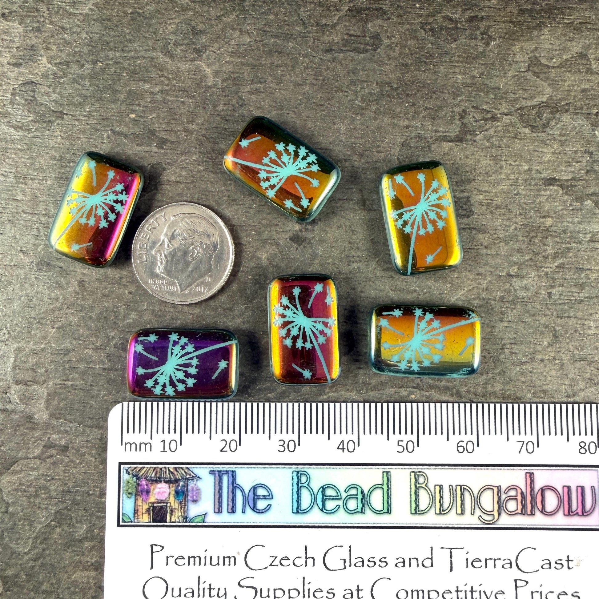 Czech Glass - 19x12mm Laser Etched Rectangle, Dandelion Wish Flower (LTPG-533) * 6 Beads