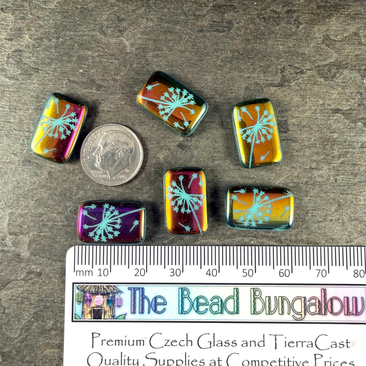 Czech Glass - 19x12mm Laser Etched Rectangle, Dandelion Wish Flower (LTPG-533) * 6 Beads