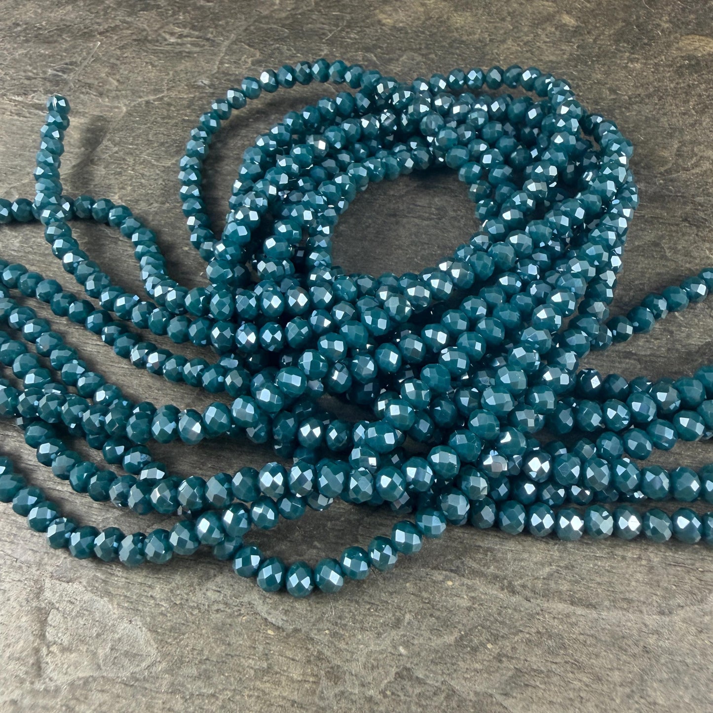 4x3mm Faceted Glass Beads, Opaque Teal Rondelles (DkTeal-4) * 14" Strand