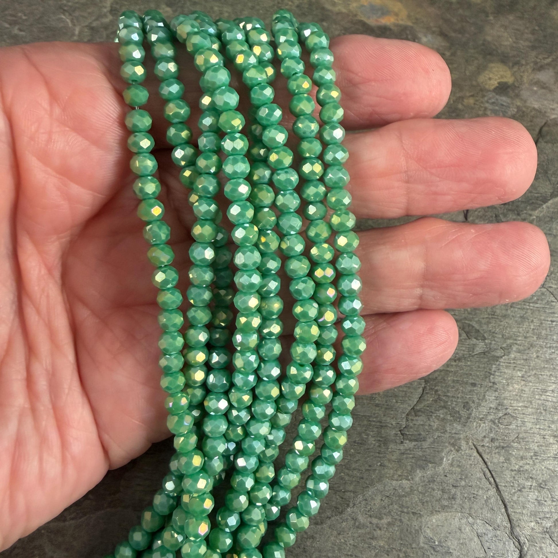 4.5x3.5mm Faceted Glass Beads, Opaque Spring Green with AB Finish (SprGreenAB-4) * 12" Strand