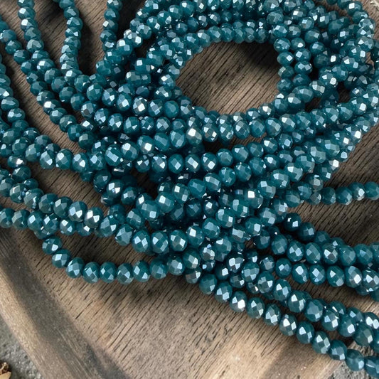 4x3mm Faceted Glass Beads, Opaque Teal Rondelles (DkTeal-4) * 14" Strand
