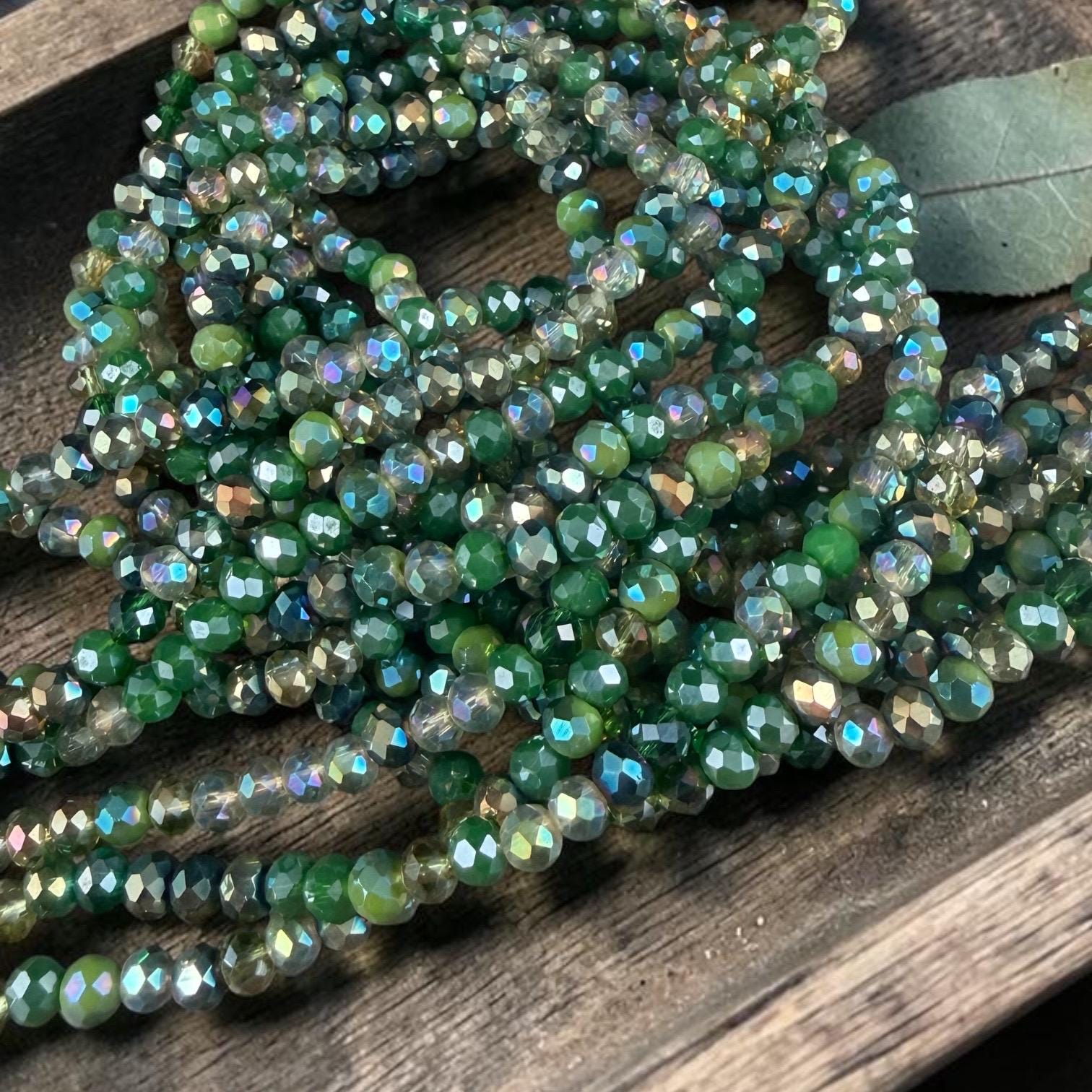 4x3mm Faceted Glass Beads, Mixed Green, Bead Soup (MixedGreens-4) * 13" Strand
