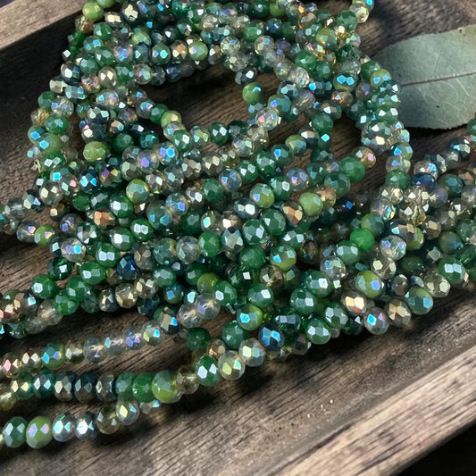 4x3mm Faceted Glass Beads, Mixed Green, Bead Soup (MixedGreens-4) * 13" Strand