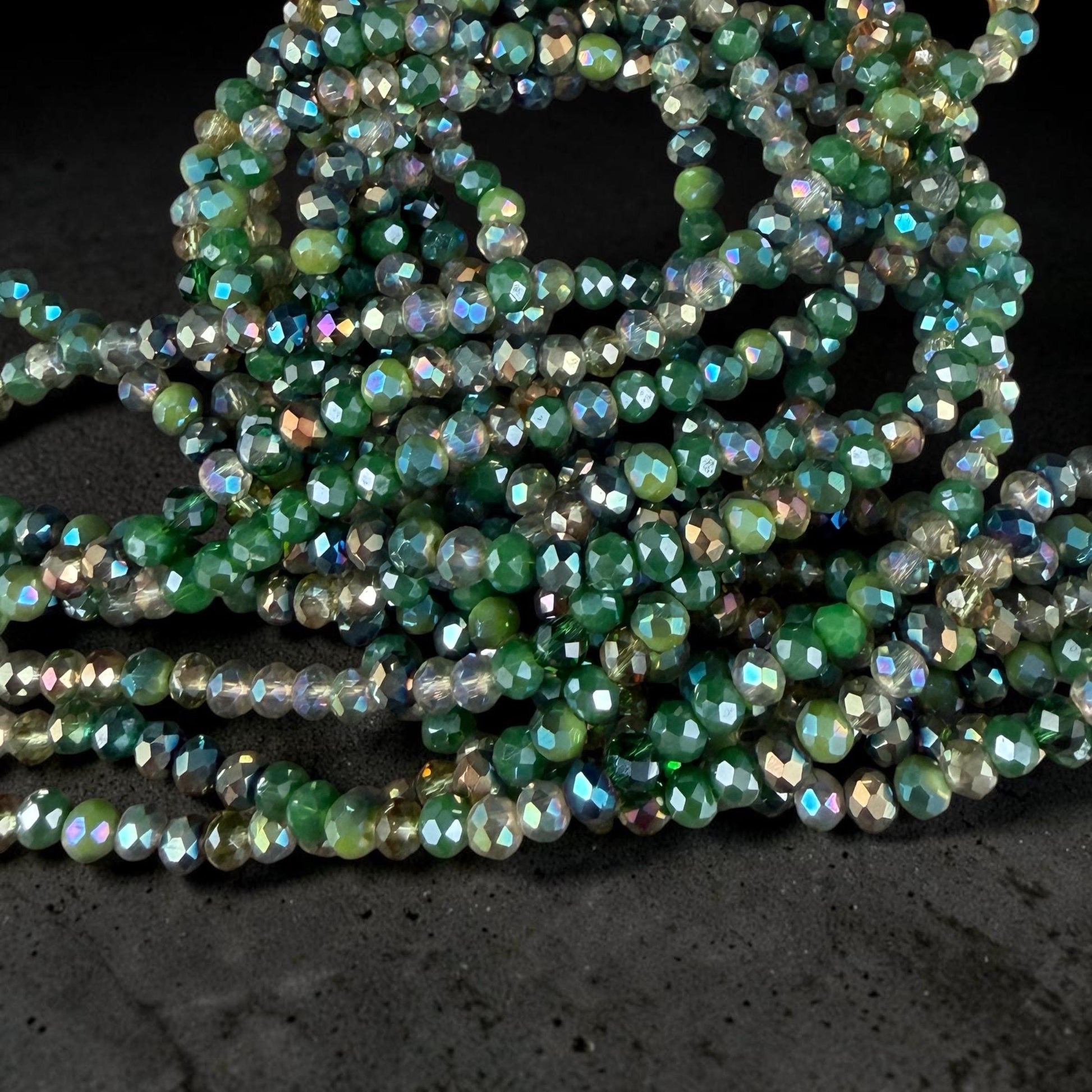 4x3mm Faceted Glass Beads, Mixed Green, Bead Soup (MixedGreens-4) * 13" Strand