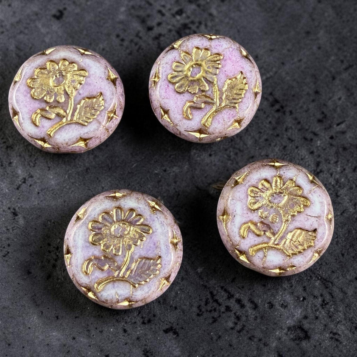 Czech Beads, 18mm Marguerite Daisy, Pale Lavender Silk (Purple/Gold) * 4 Beads