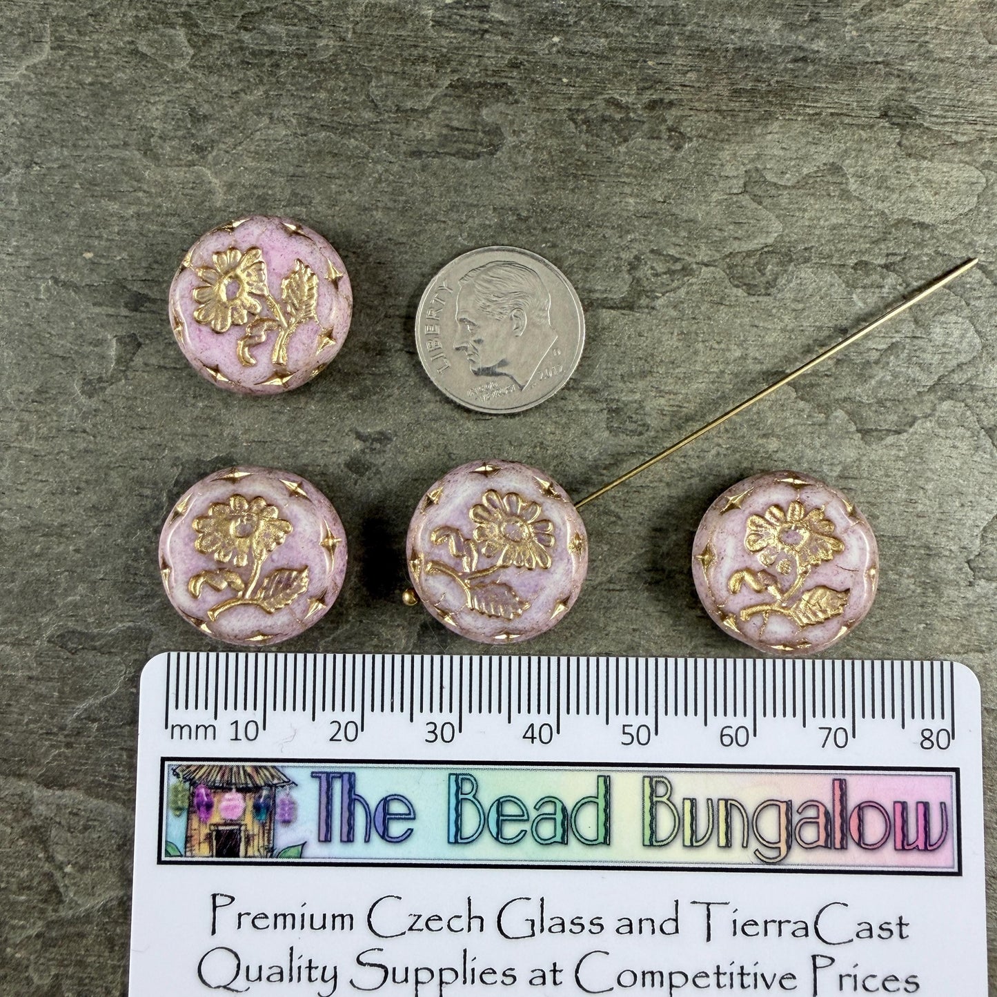Czech Beads, 18mm Marguerite Daisy, Pale Lavender Silk (Purple/Gold) * 4 Beads