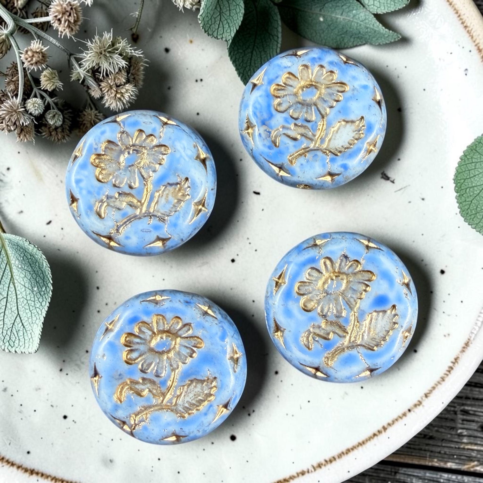 Czech Beads, 18mm Marguerite Daisy, Light Sky Blue (LtBlue/Gold) * 4 Beads