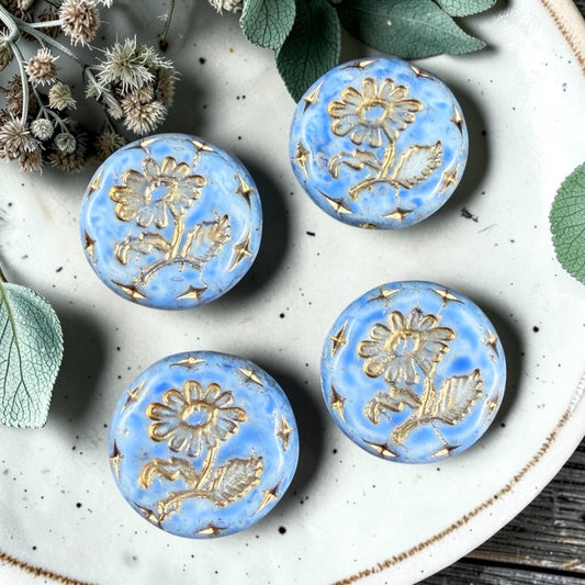 Czech Beads, 18mm Marguerite Daisy, Light Sky Blue (LtBlue/Gold) * 4 Beads