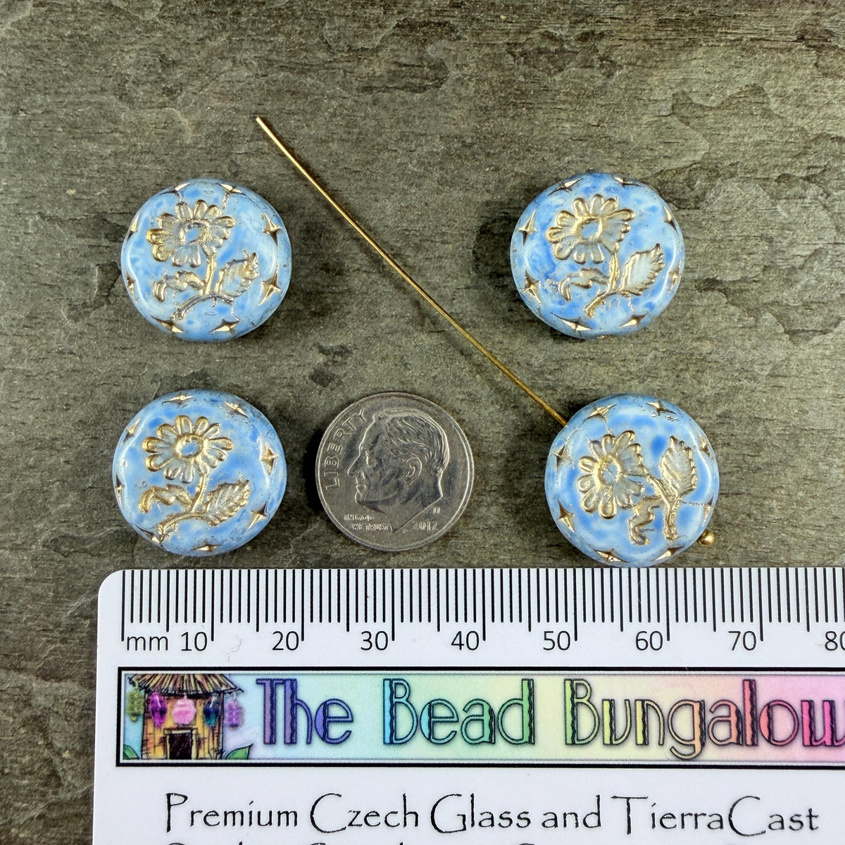 Czech Beads, 18mm Marguerite Daisy, Light Sky Blue (LtBlue/Gold) * 4 Beads