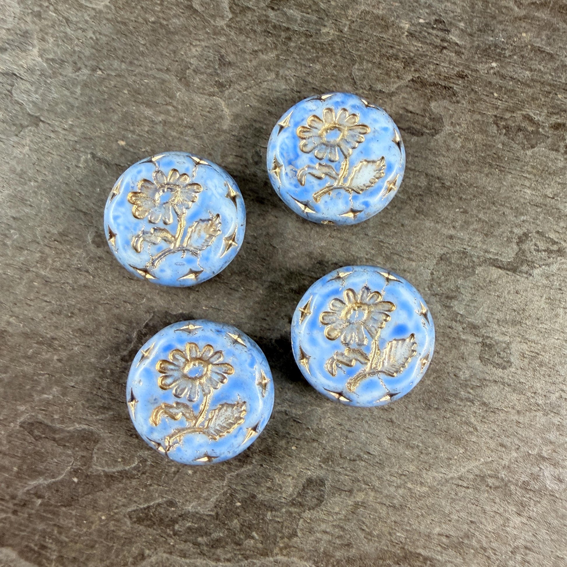 Czech Beads, 18mm Marguerite Daisy, Light Sky Blue (LtBlue/Gold) * 4 Beads