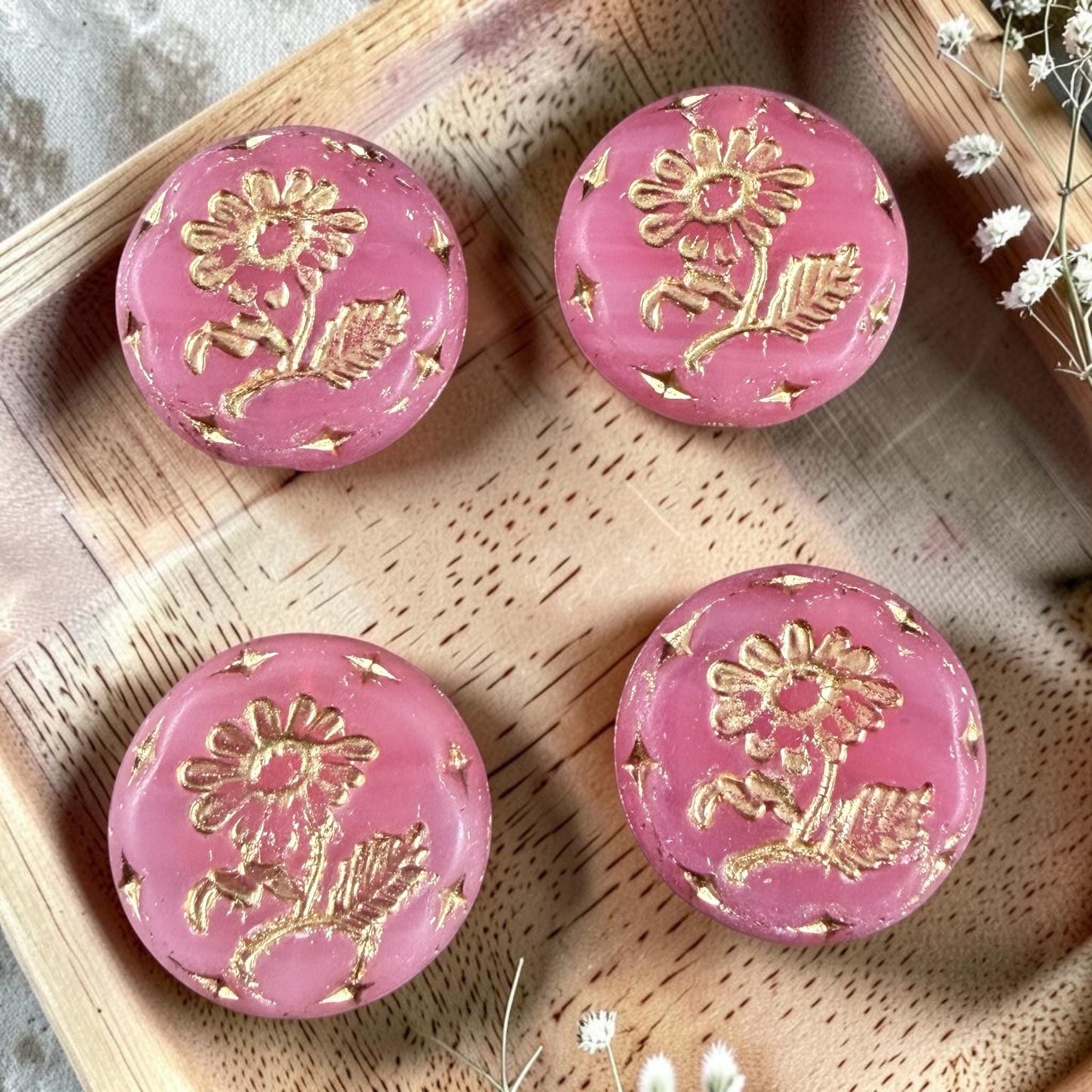 Czech Beads, 18mm Marguerite Daisy, Carnation Pink (PinkOpaline/Gold) * 4 Beads