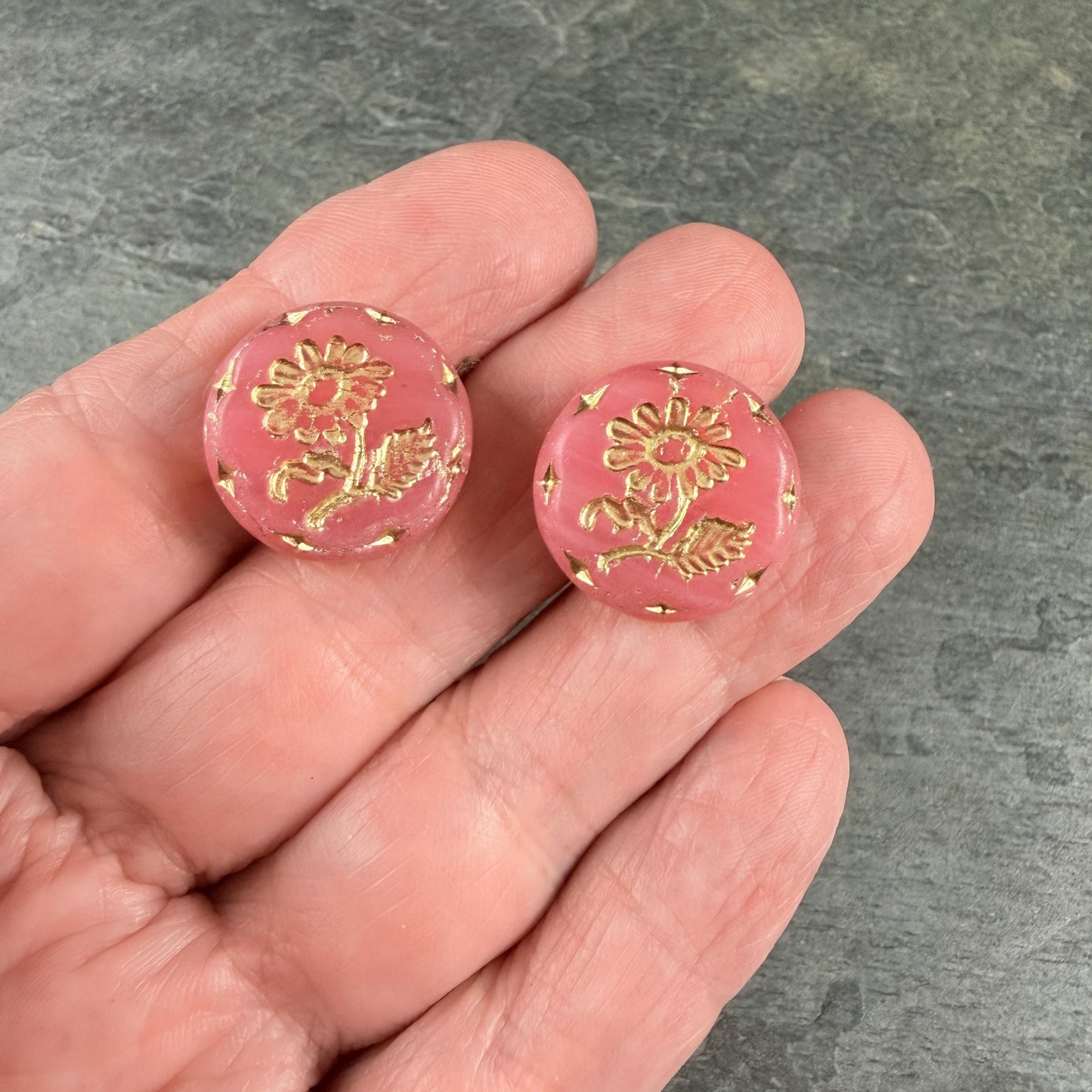 Czech Beads, 18mm Marguerite Daisy, Carnation Pink (PinkOpaline/Gold) * 4 Beads