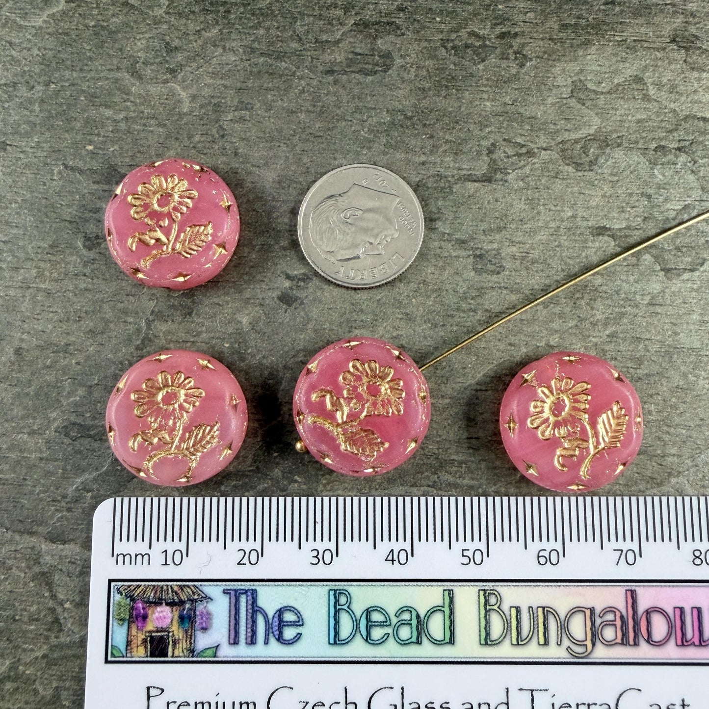 Czech Beads, 18mm Marguerite Daisy, Carnation Pink (PinkOpaline/Gold) * 4 Beads