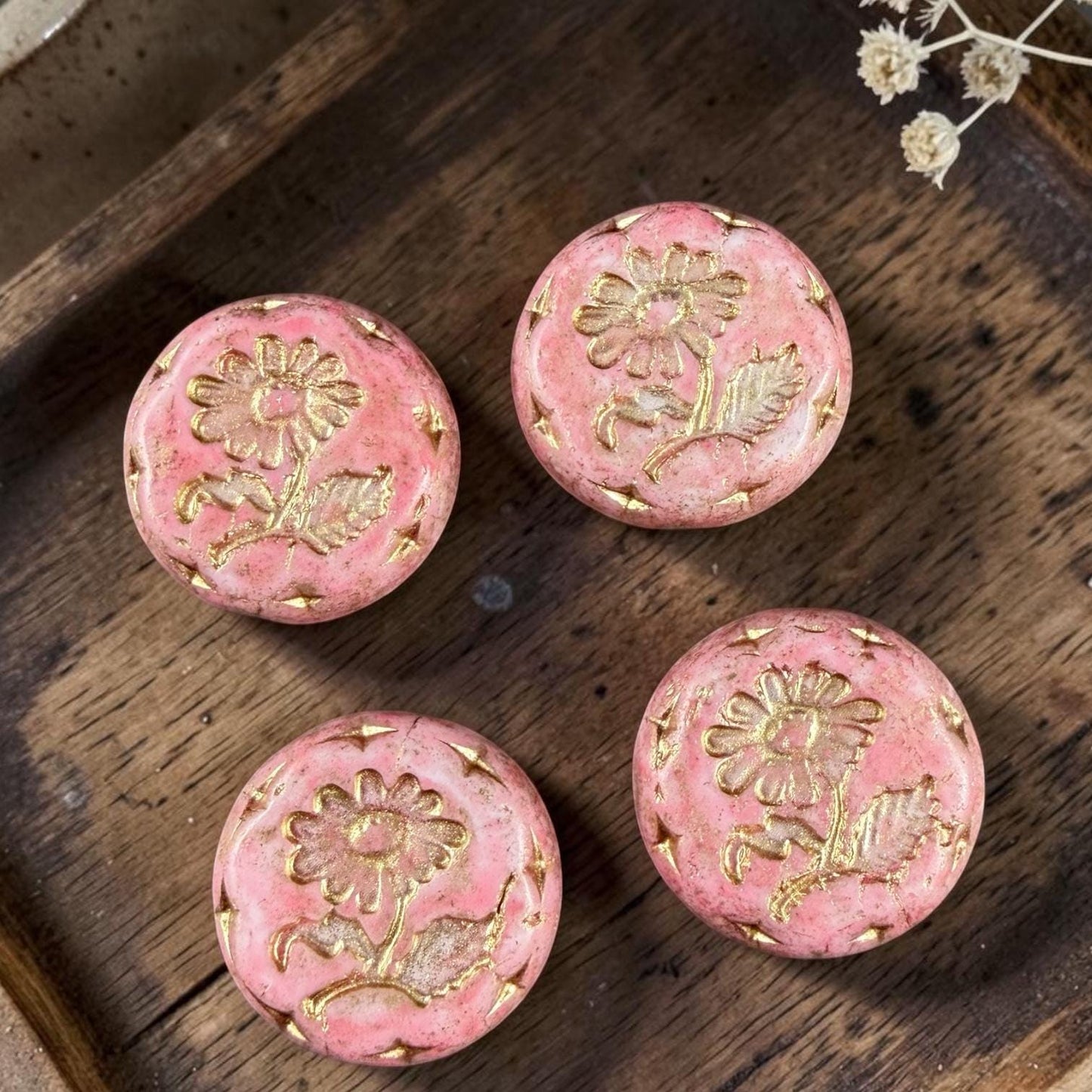 Czech Beads, 18mm Marguerite Daisy, Pink Alabaster (Pink/Gold) * 4 Beads