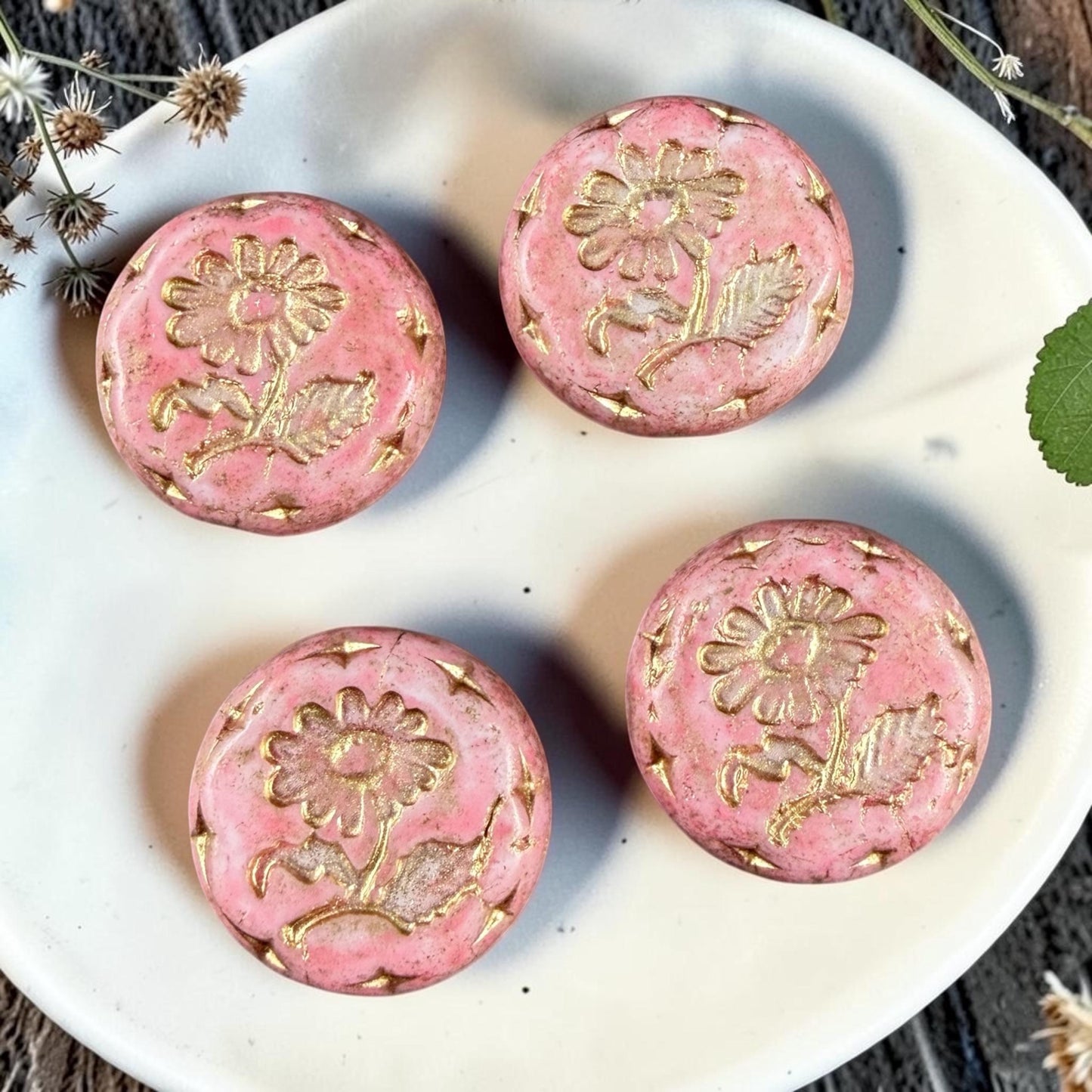 Czech Beads, 18mm Marguerite Daisy, Pink Alabaster (Pink/Gold) * 4 Beads