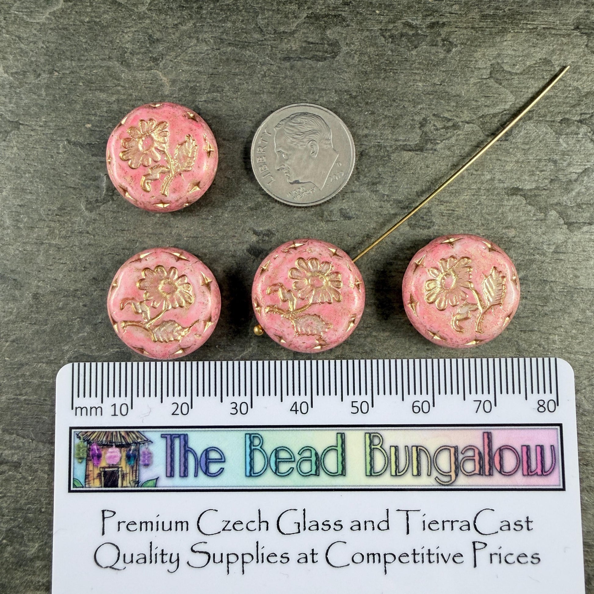 Czech Beads, 18mm Marguerite Daisy, Pink Alabaster (Pink/Gold) * 4 Beads