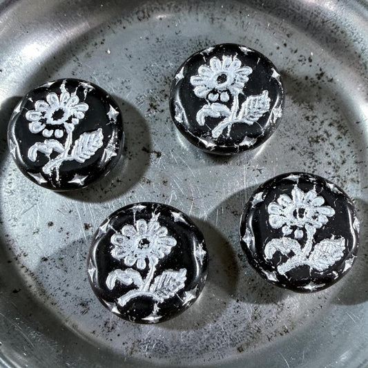 Czech Beads, 18mm Marguerite Daisy, Black and Silver (Black/Silver) * 4 Beads