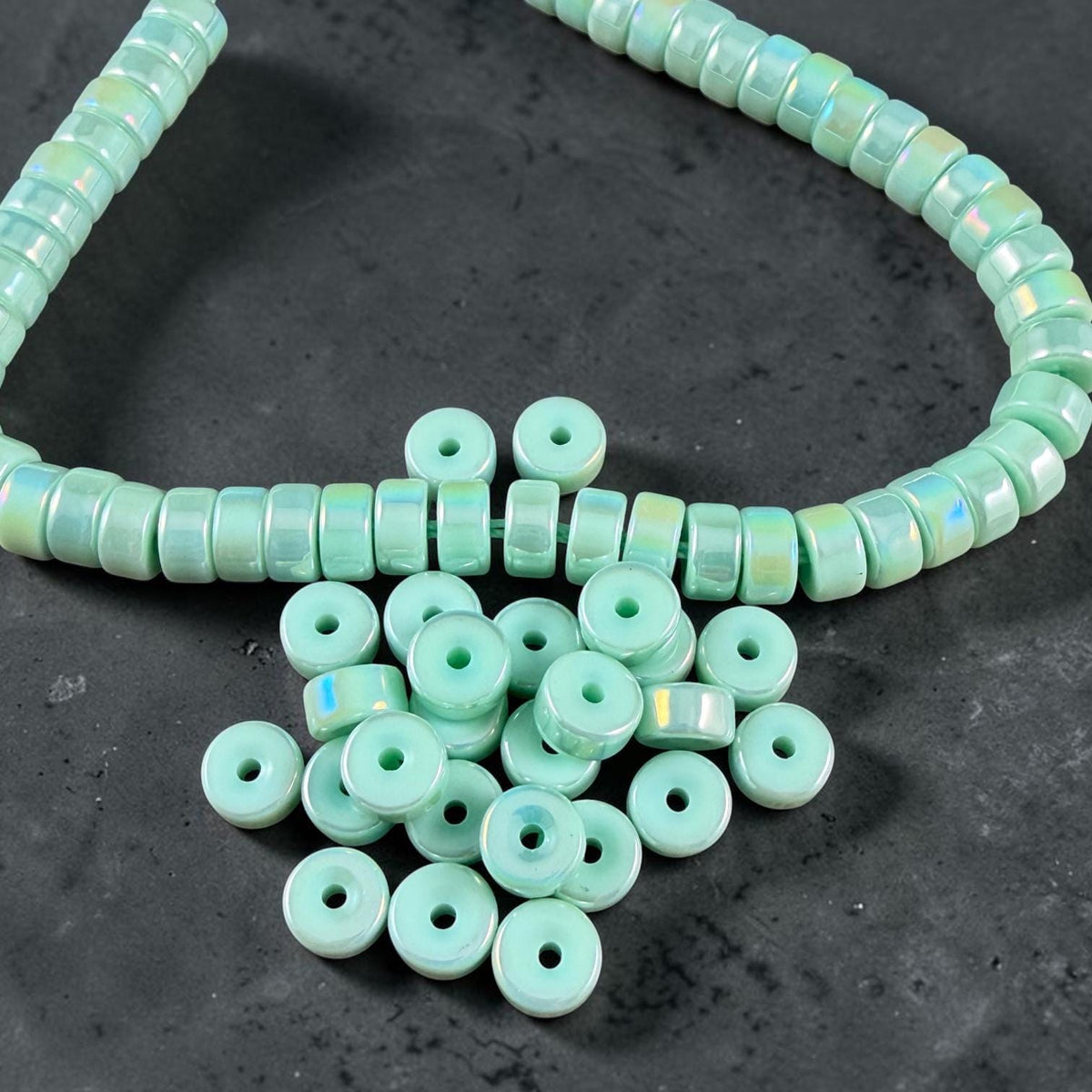 Glass Beads, 3x6mm Smooth Heishi Rondelles, Light Pastel Green with Golden AB Luster * 50 Beads