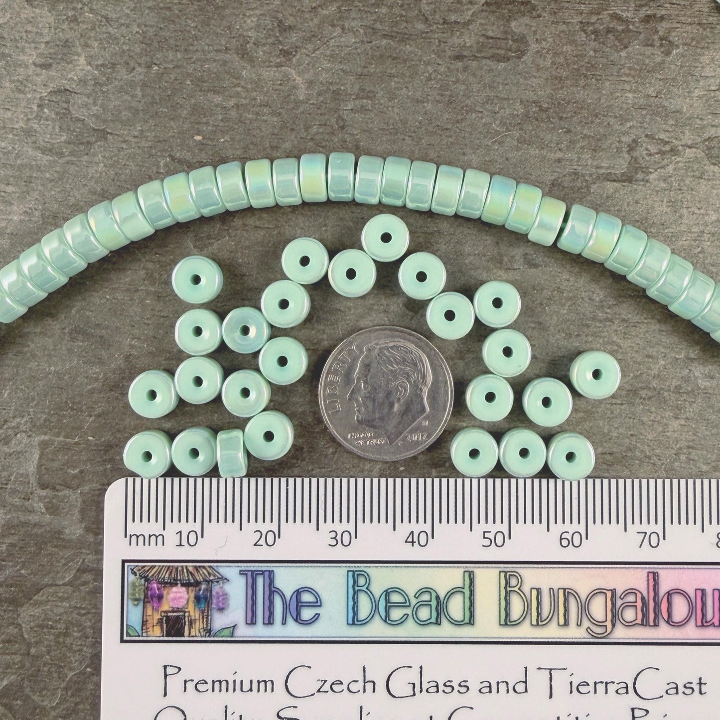 Glass Beads, 3x6mm Smooth Heishi Rondelles, Light Pastel Green with Golden AB Luster * 50 Beads