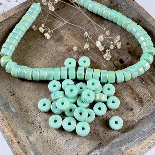 Glass Beads, 3x6mm Smooth Heishi Rondelles, Light Pastel Green with Golden AB Luster * 50 Beads