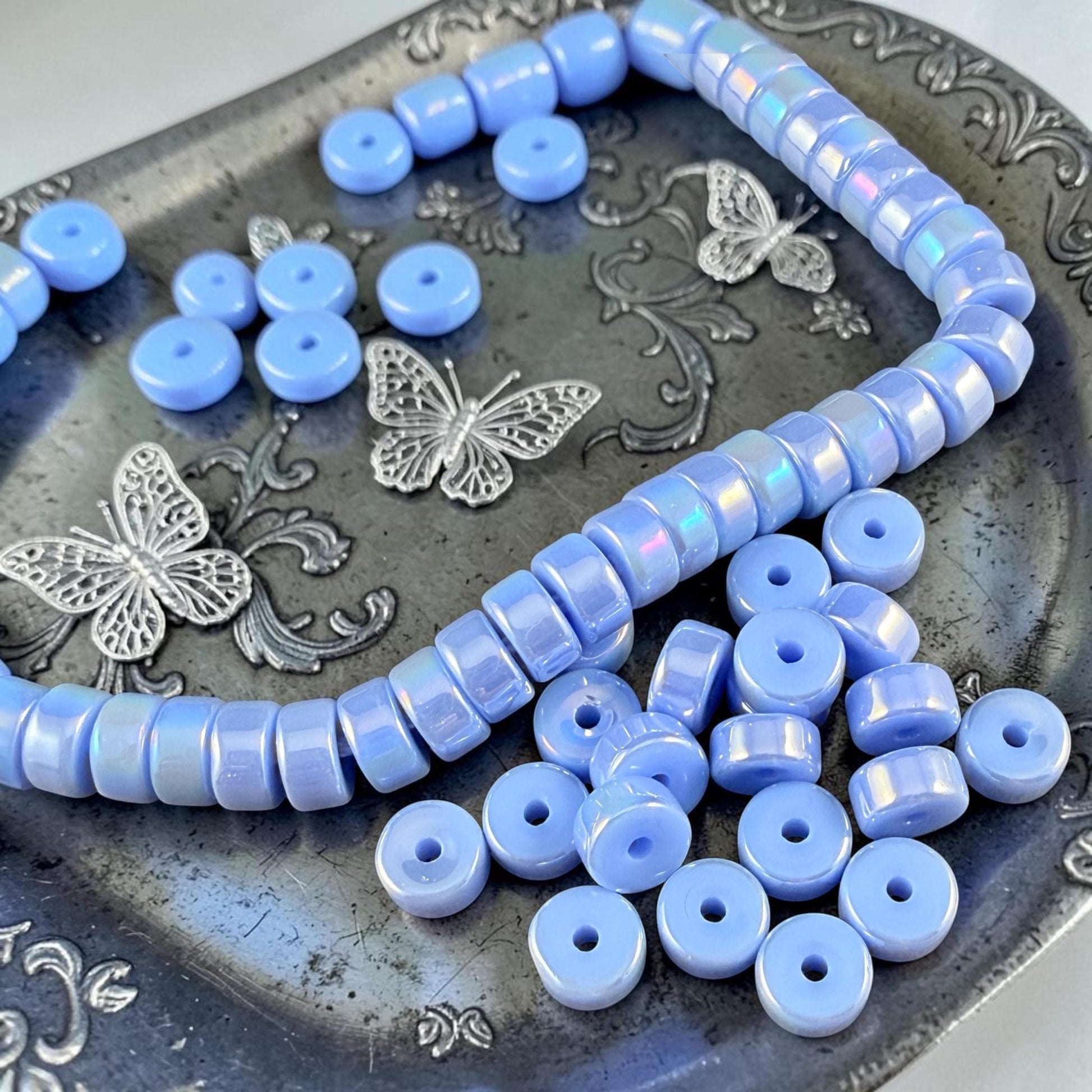 Glass Beads, 3x6mm Smooth Heishi Rondelles, Sky Blue with Golden AB Luster * 50 Beads