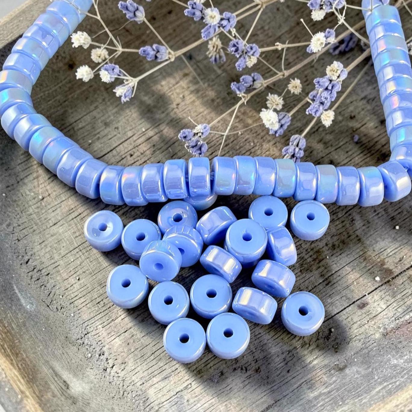 Glass Beads, 3x6mm Smooth Heishi Rondelles, Sky Blue with Golden AB Luster * 50 Beads