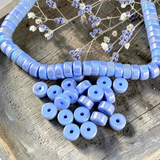 Glass Beads, 3x6mm Smooth Heishi Rondelles, Sky Blue with Golden AB Luster * 50 Beads
