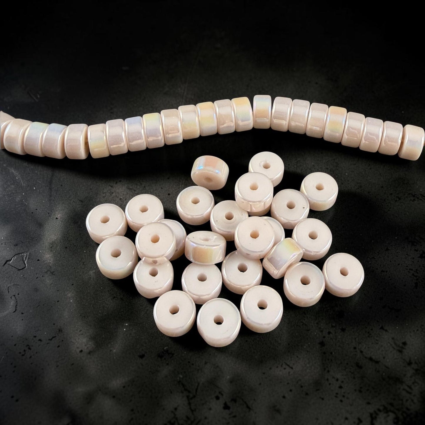 Glass Beads, 3x6mm Smooth Heishi Rondelles, Ivory Beige with Golden AB Luster * 50 Beads