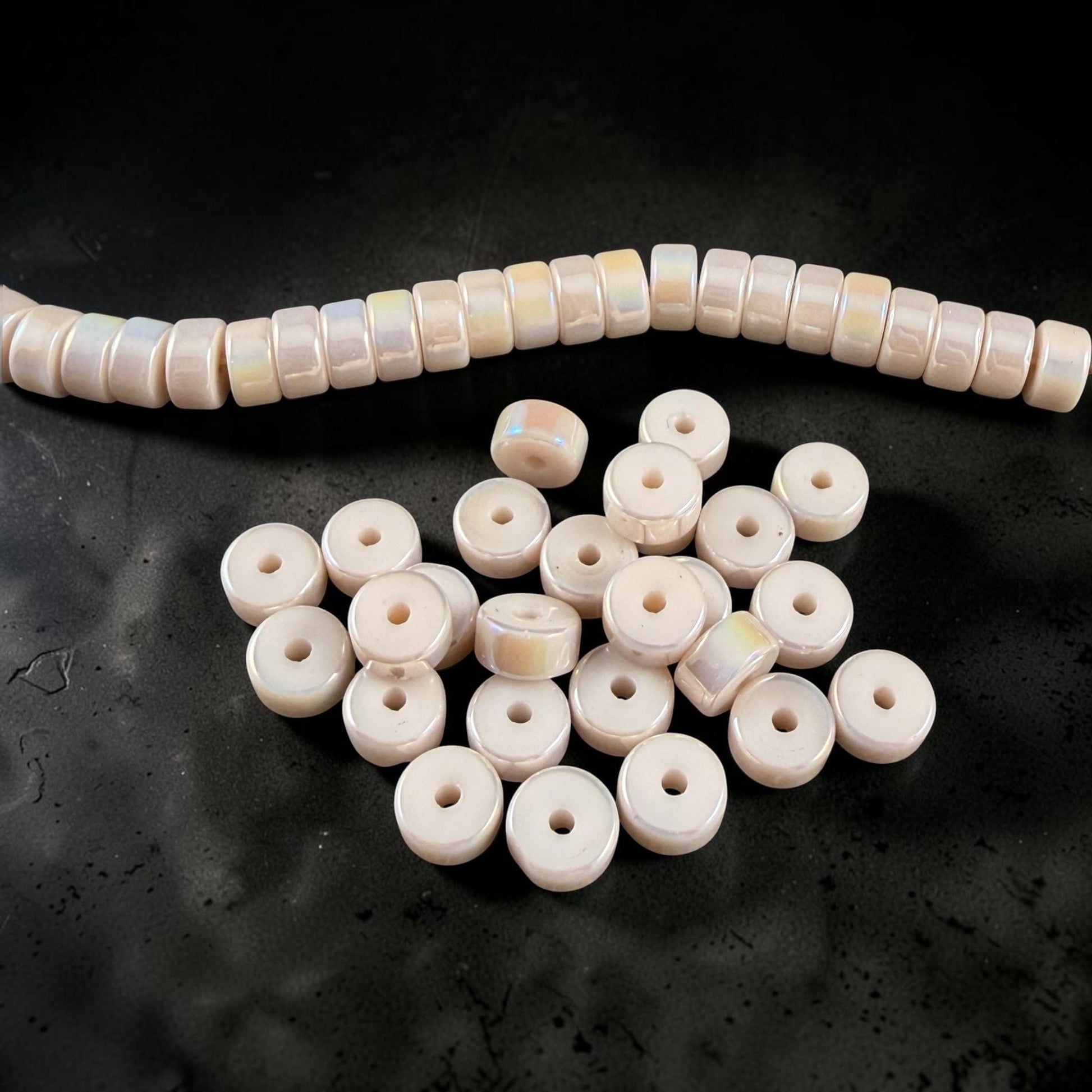 Glass Beads, 3x6mm Smooth Heishi Rondelles, Ivory Beige with Golden AB Luster * 50 Beads