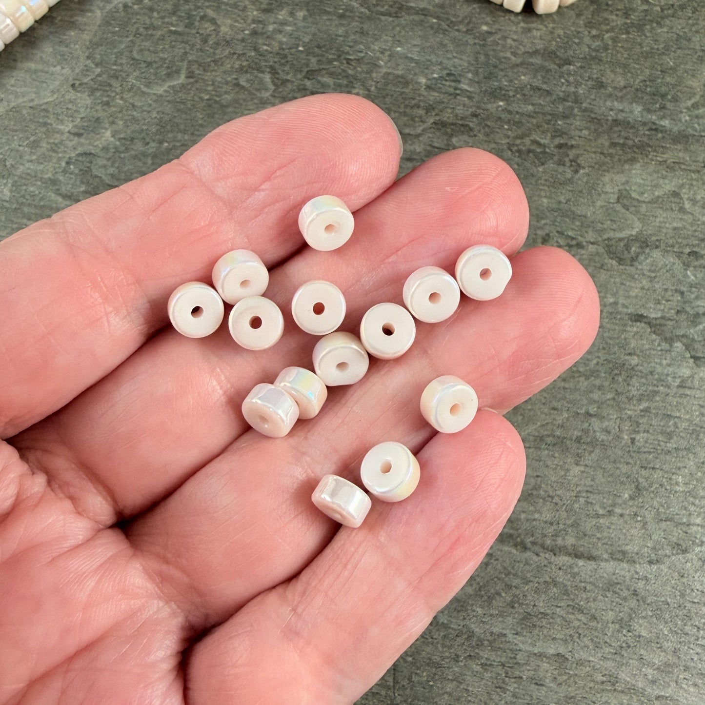 Glass Beads, 3x6mm Smooth Heishi Rondelles, Ivory Beige with Golden AB Luster * 50 Beads