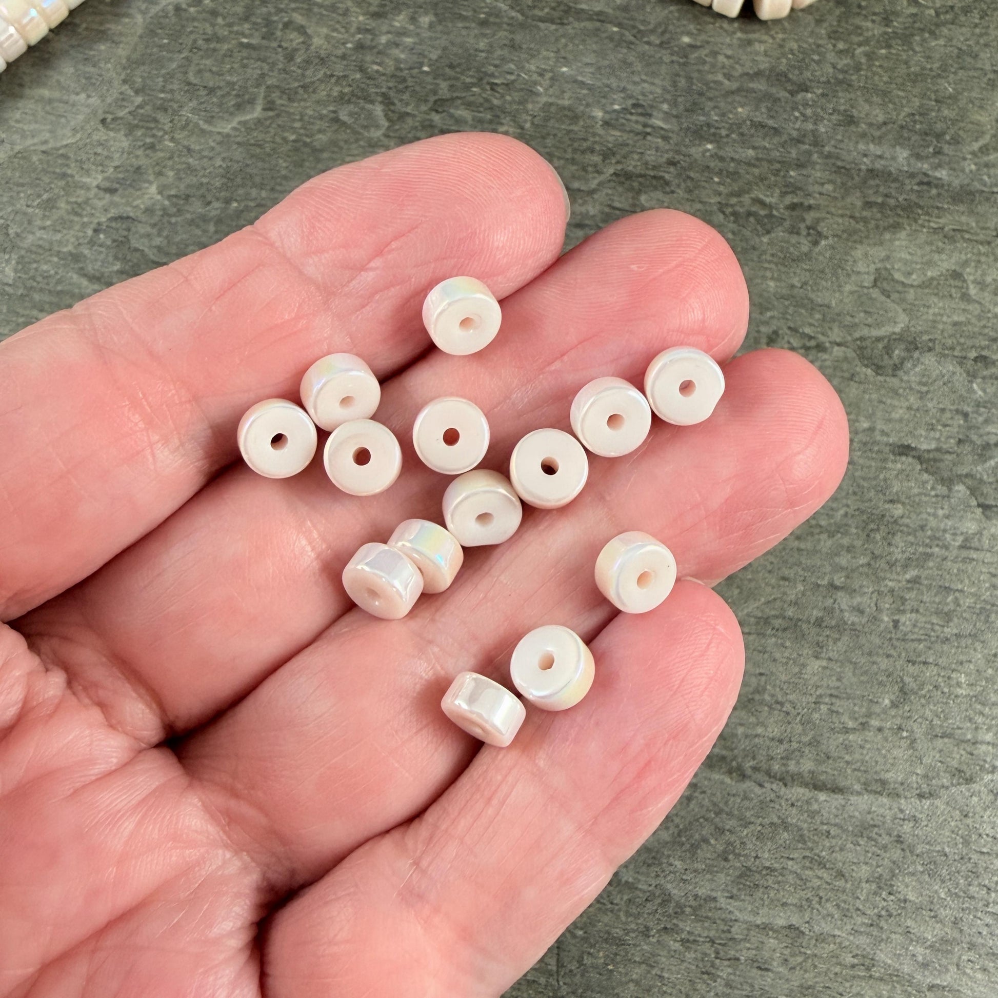 Glass Beads, 3x6mm Smooth Heishi Rondelles, Ivory Beige with Golden AB Luster * 50 Beads