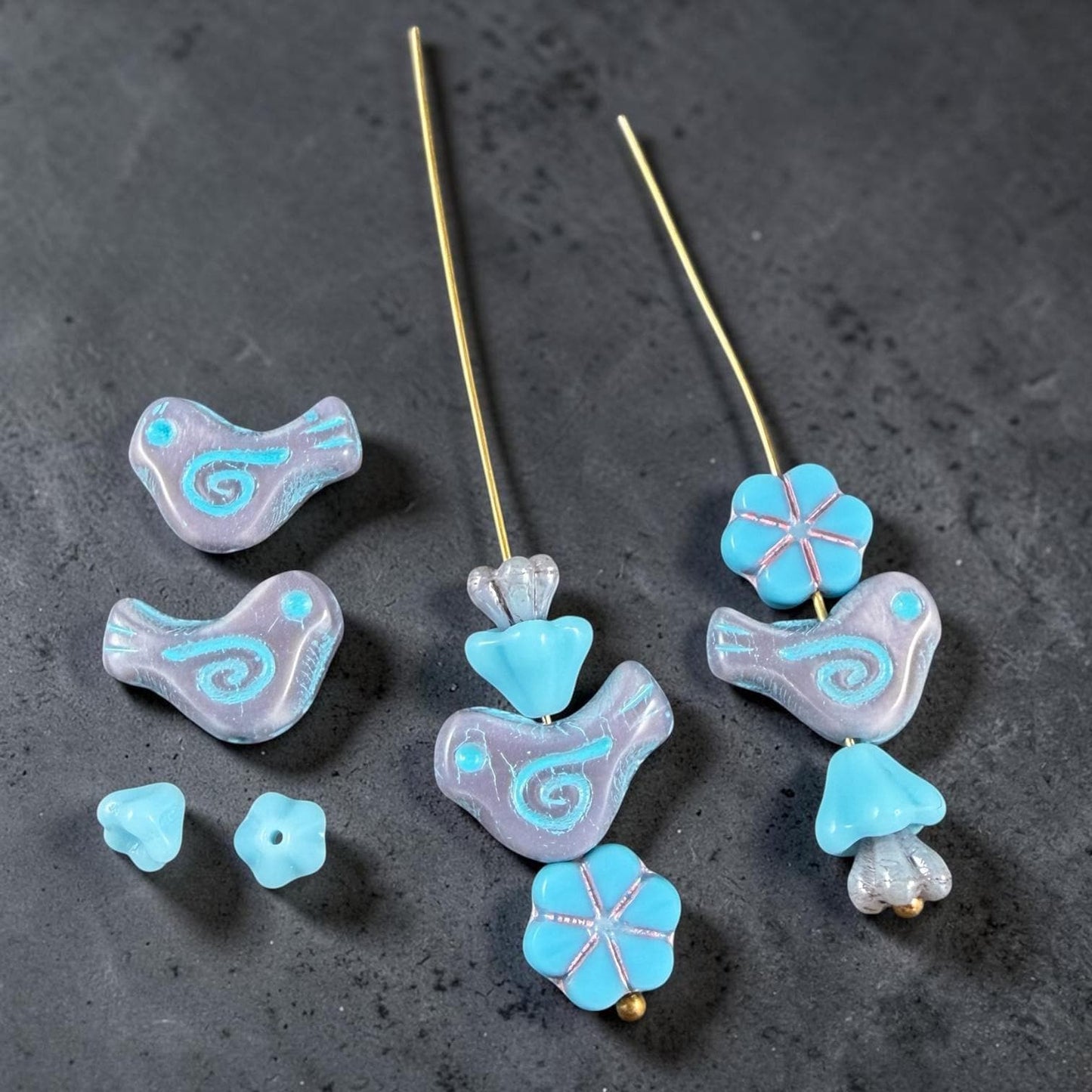Czech Beads - Glass Bird Bead, 12x16mm, Light Purple and Blue (26016/54308) * 10 Beads