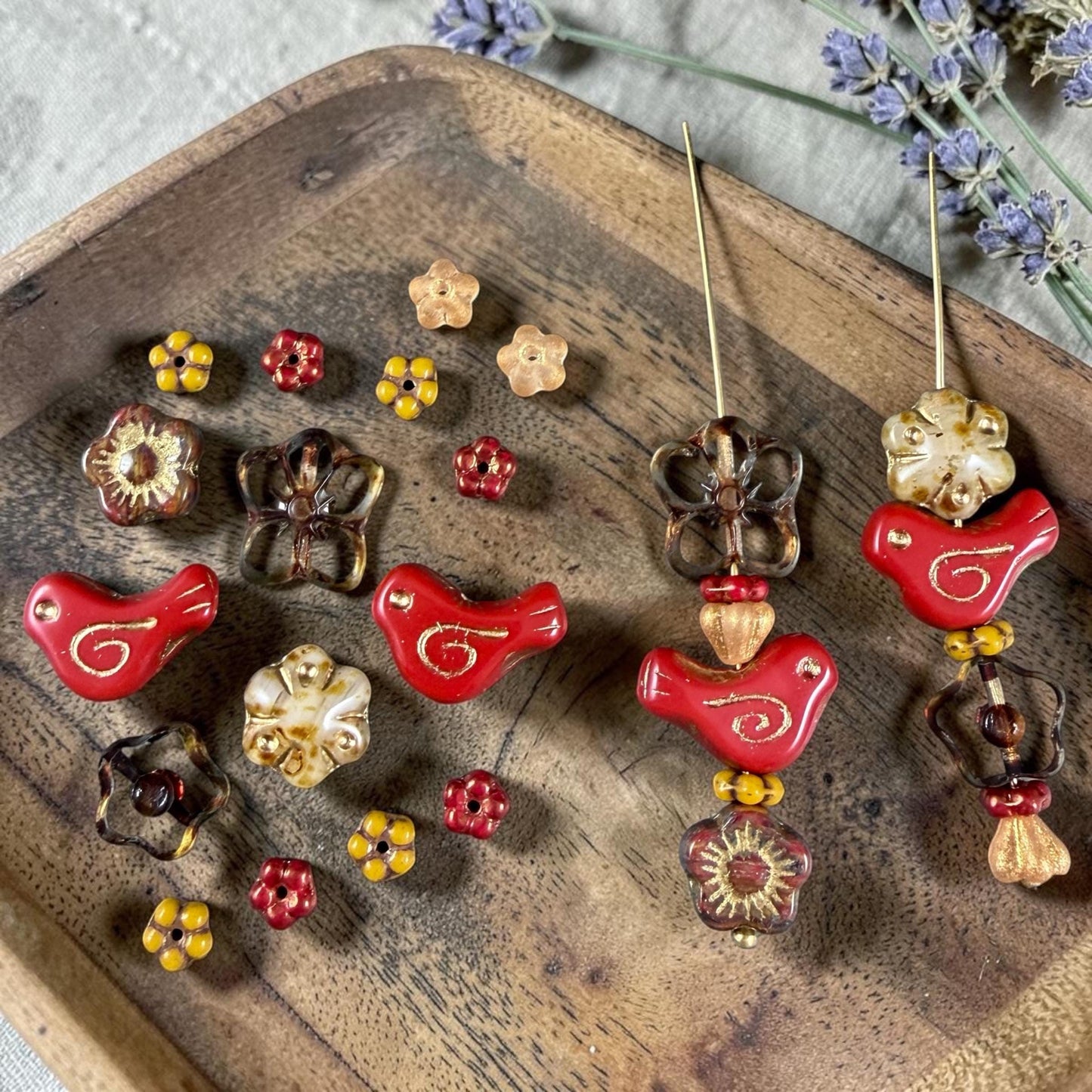 Czech Beads - Glass Bird Bead, 12x16mm, Red and Gold (93500/54202) * 10 Beads